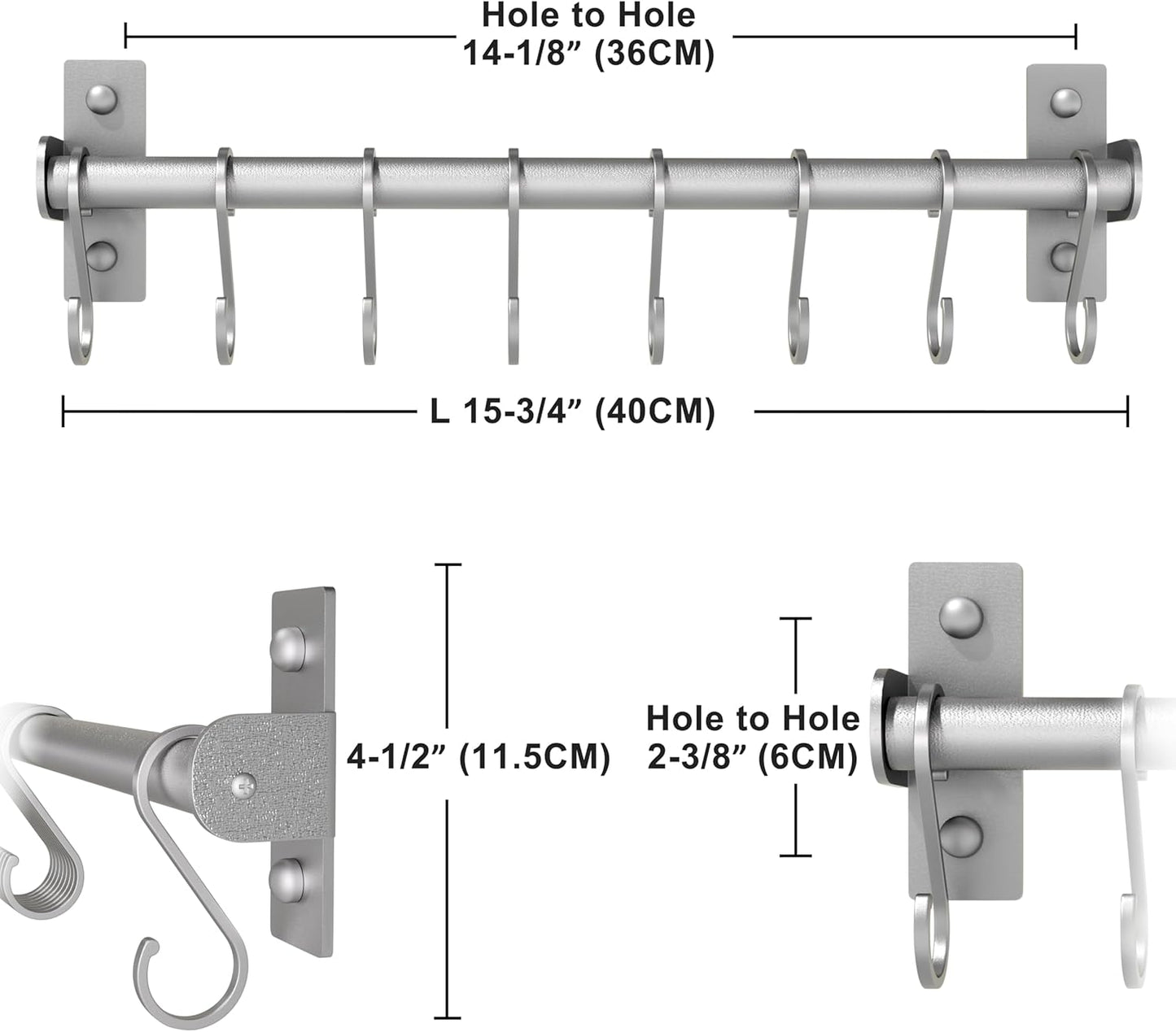 Dseap Kitchen Utensil Holder Hanger, Pot and Pan Rack Wall Mounted, Kitchen Rail with 8 Hooks for Hanging Cooking Utensils, Mugs, Spoons, Wall Mounted, Silver, Pack of 2