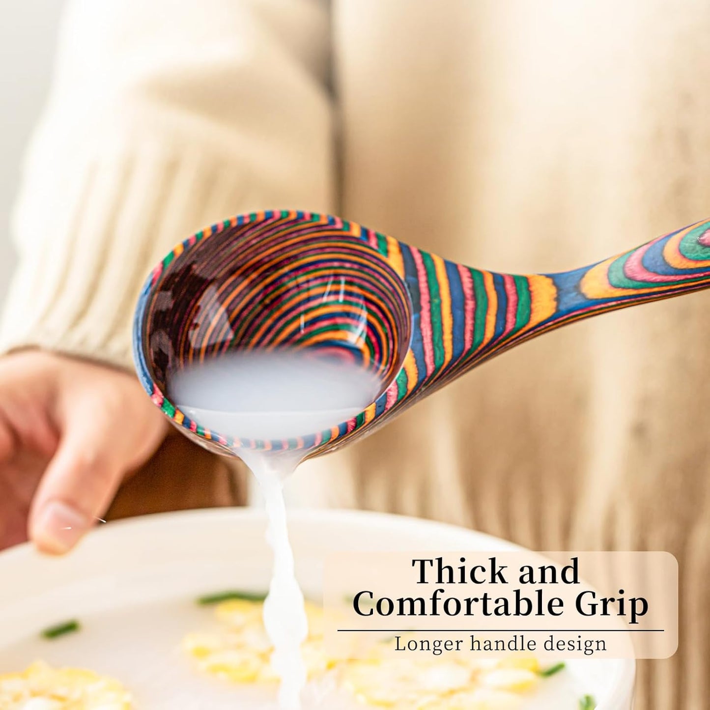 Gudamaye Pakkawood Rainbow Deep Soup Ladles,Pakkawood Ladle,10.6 inch Big Soup Ladle for Cooking,Deep Ladle Spoons,Wood Ladle, Wood Kitchen Utensils Set, Wooden Spoons for Cooking