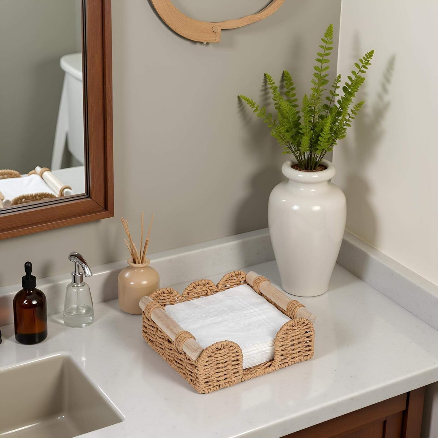 CubesLand Scalloped Napkin Holder for Table, Farmhouse Warming Home Kitchen Decor, Paper Rope Flat Napkin Dispenser Guest Towel Tray for Bathroom, Disposable Napkin Basket for Dining Table, Neutral