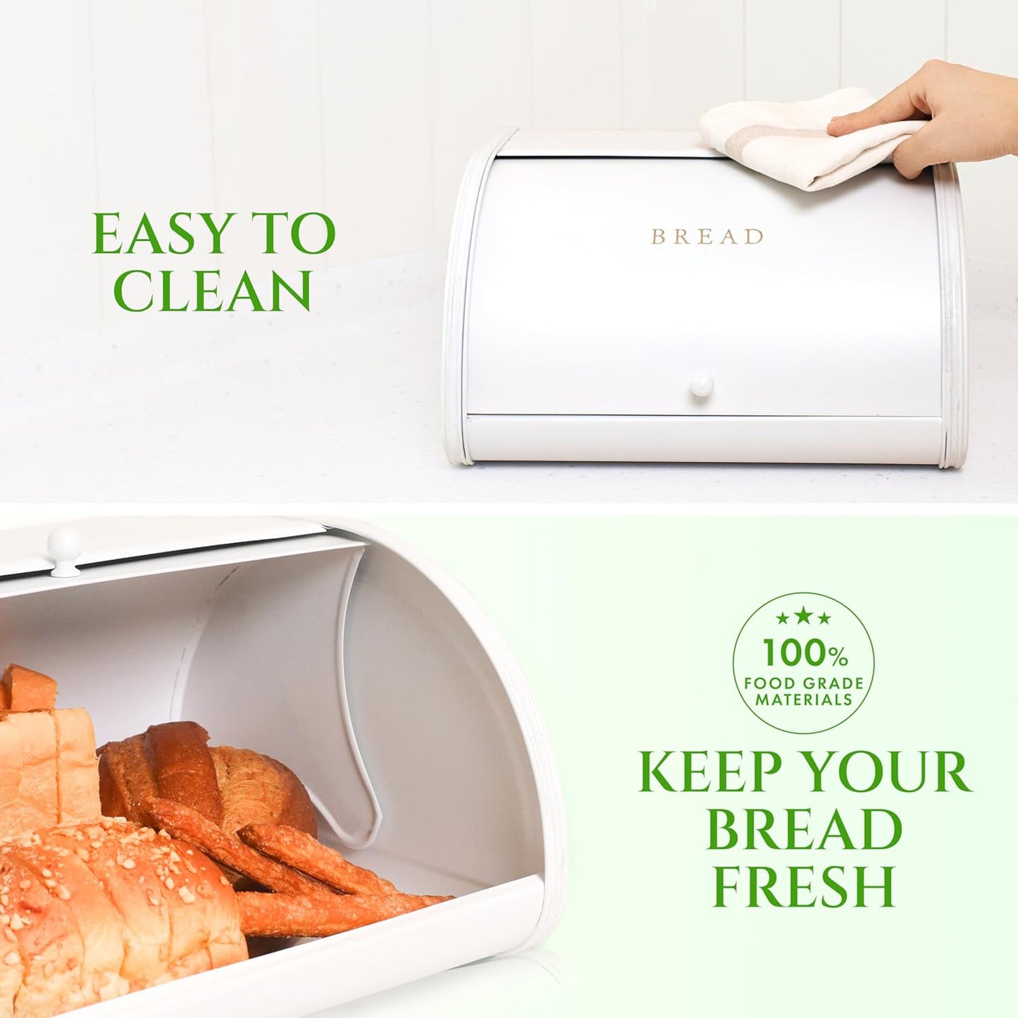 Modern Metal White Bread Box for Kitchen Countertop for Homemade Loaf Sourdough, Roll Top Breadbox for Kitchen Countertop Storage Container Bin, Farmhouse Stainless Steel Bread Keeper for Counters