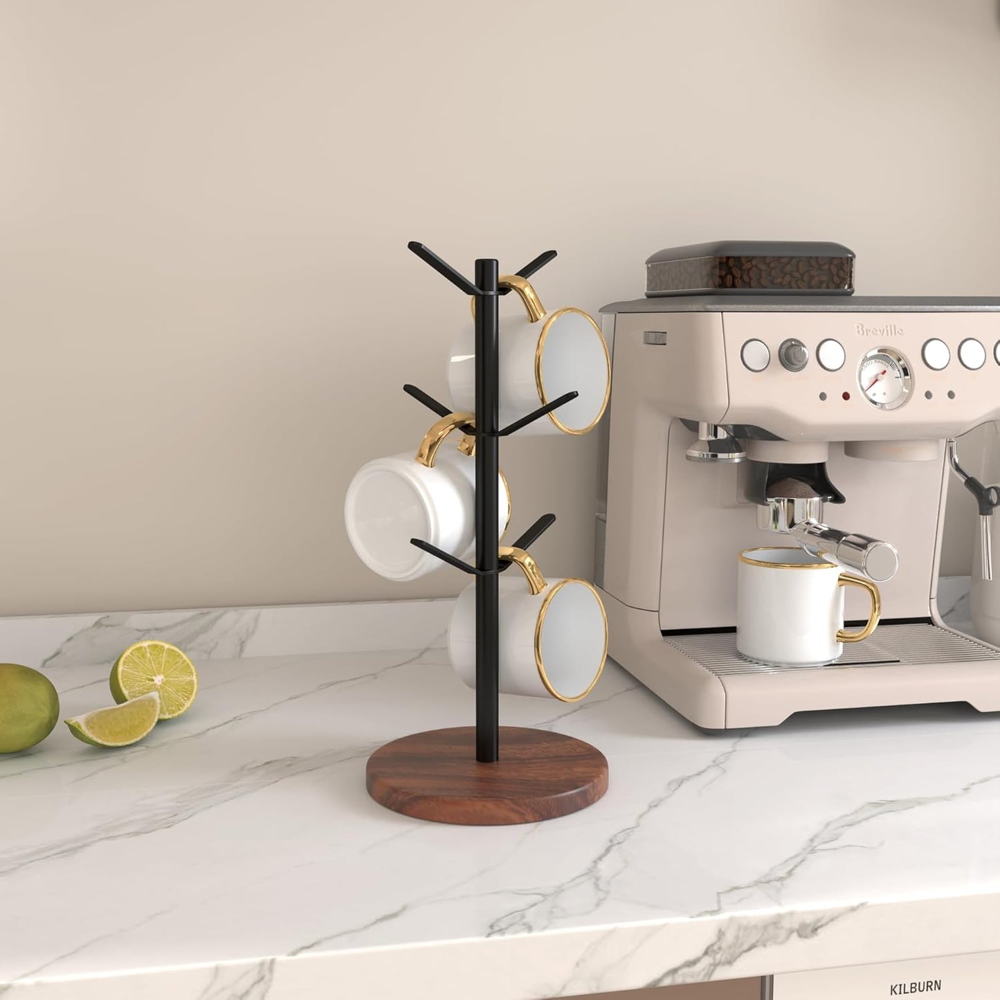 Coffee Mug Tree Holder Countertop, Non-Slip Walnut Wood Mug Rack with 6 Hooks, Coffee Cup Rack for Home Storage and Organizer (Brown)