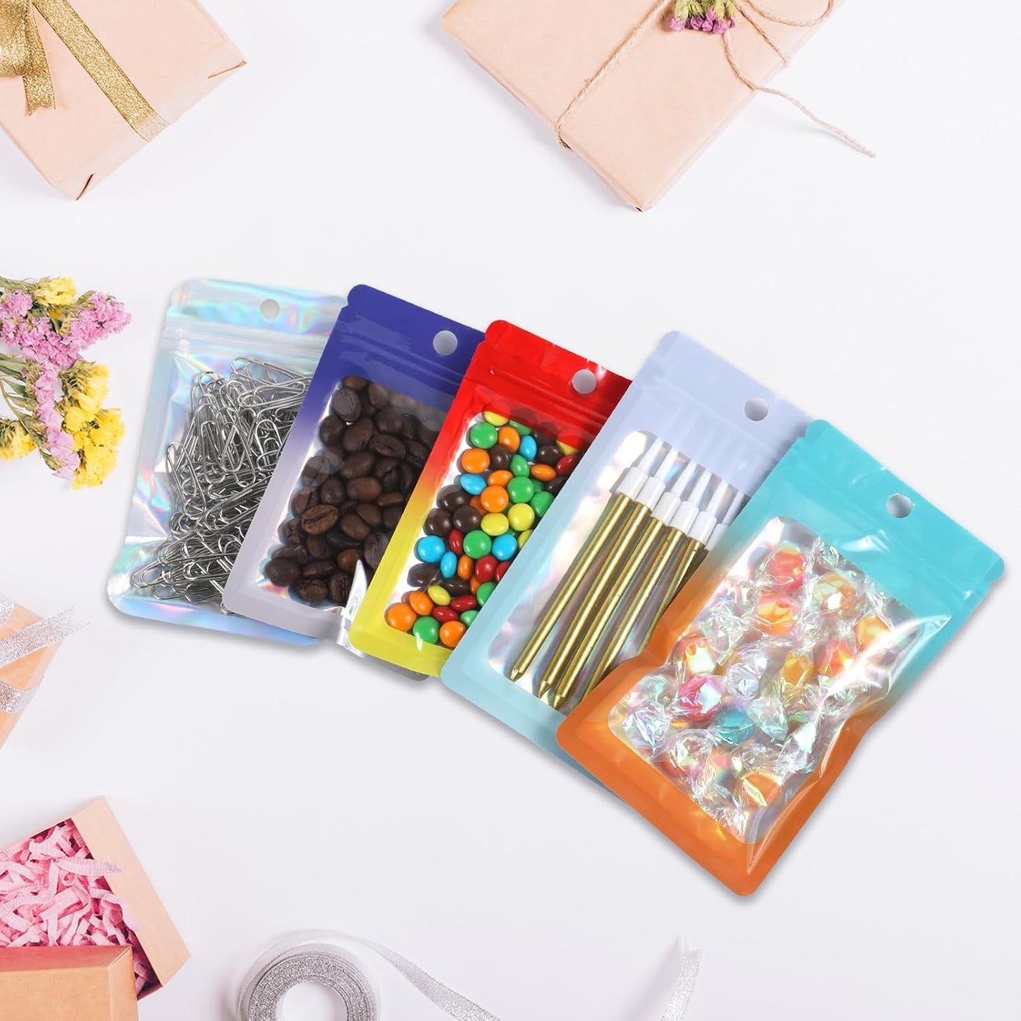 200 Pack Resealable Mylar Holographic Bags Food Storage Smell Proof Bags with Front Window Foil Packaging Pouch for Candy Sample Jewelry Small Business 3.15×5.51 Inch, Blue