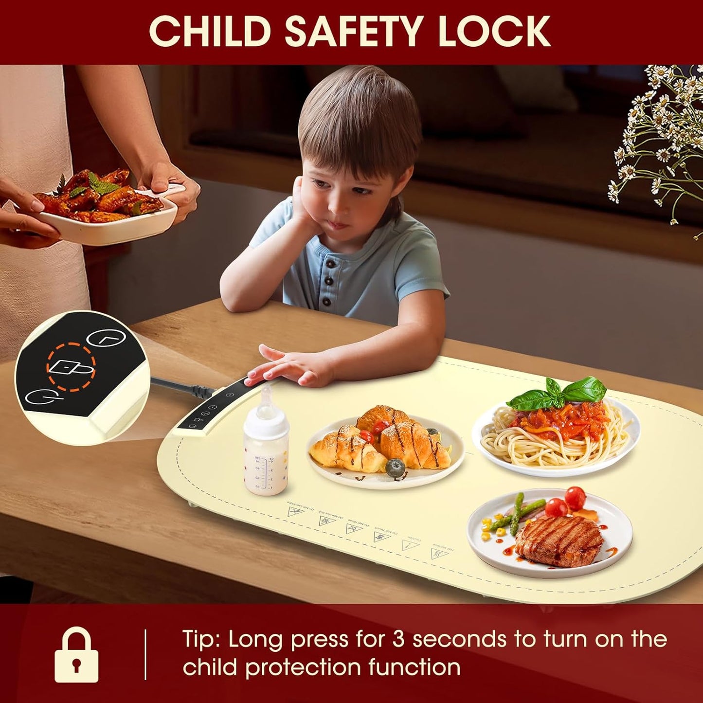 Warming Mat for Food, MQUPIN Food Warming Mat with 7 Temp Settings 1-4 H Timer and Child Safety Lock, Full Surface Heating Roll Up Electric Warming Tray for Gatherings,Parties,Buffet,Daily Use(Beige)