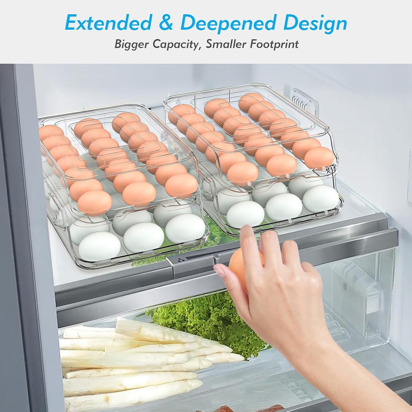 Egg Holder for Fridge, Automatic Steady Rolling Egg Dispenser with Silicone Bumpers, Egg Container With Lid, Large Capacity Clear Egg Holder for Kitchen or Pantry Organizers&Storage