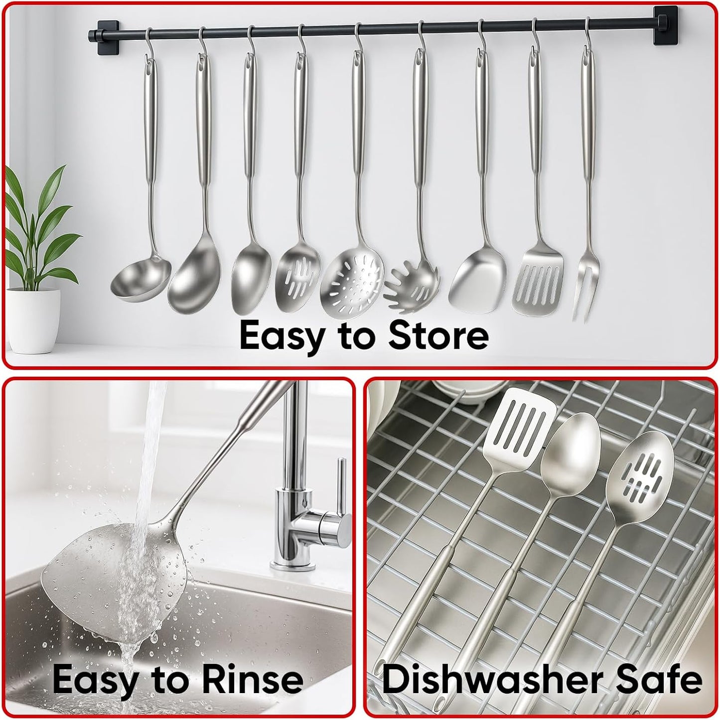 Newness 9 Pcs Cooking Utensils Set, 304 Stainless Steel Kitchen Utensils Set, Metal Kitchen Accessories, Include Soup Ladle, Slotted Skimmer Spoon, Spaghetti Spoon and Spatula, Dishwasher Safe