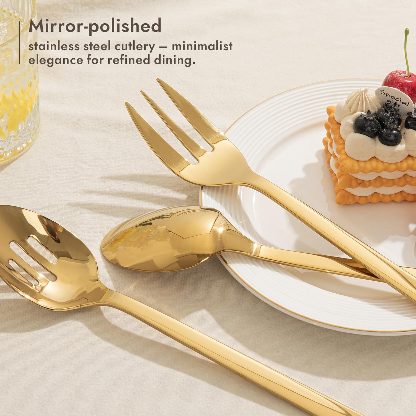 KINGSTONE Large Hostess Serving Utensils Set,18/10 Stainless Steel Heavy Duty 10inch Serving Spoons,Slotted Spoons,Serving Fork,Serving Tongs, Cake Pie Server For Buffet, Wedding, Party, Gold