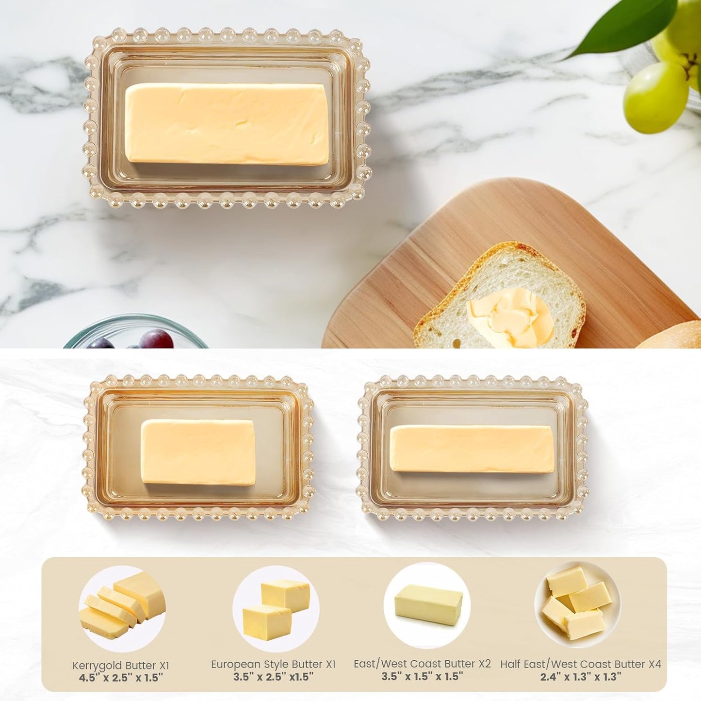 Glass Butter Dish with Lid for Countertop Amber Vintage Crystal Butter Holder for Counter,Covered Glass Butter Keeper on Counter Butter Tray for Refrigerator(Amber)