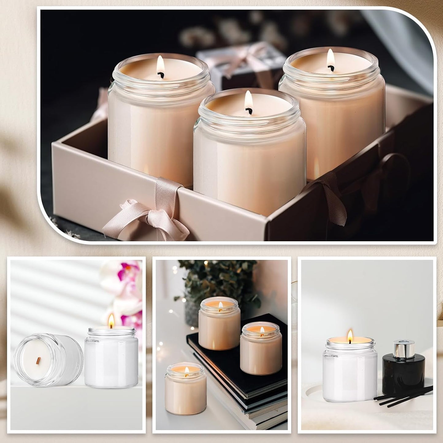 Norme 64 Pcs 4 oz Glass Jars with Lids Empty Small Glass Containers and Inner Liners Reusable Cosmetic Jars Round Airtight Bottles with Plastic Woodgrain Lids for Travel