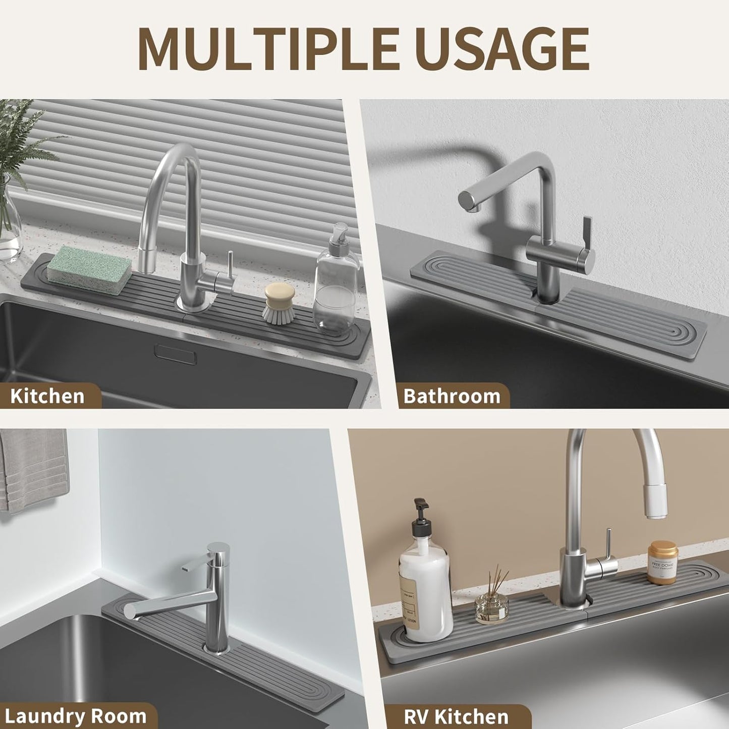 Faucet Mat for Kitchen Sink, Diatomite Stone Drying Sink Protectors, Bathroom Faucet Splash Guard, Quick Dry Water Absorbing, Non-Slip Stone Tray for Kitchen Counter, Grey, 23.6" x 3.9"