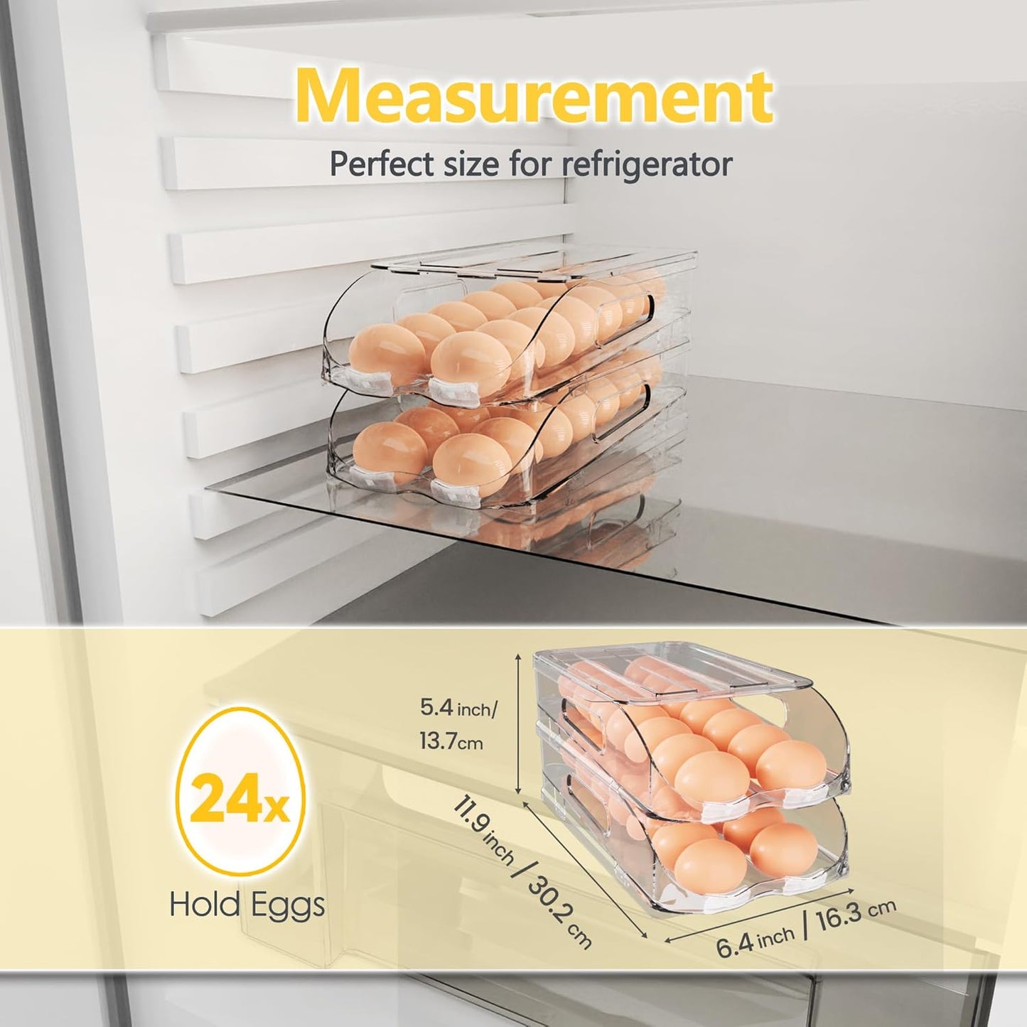 Egg Holder for Fridge, Automatic Steady Rolling Egg Container with Soft Bumpers & Handle for Refrigerator, Stackable Fridge Organizers and Storage with Lid