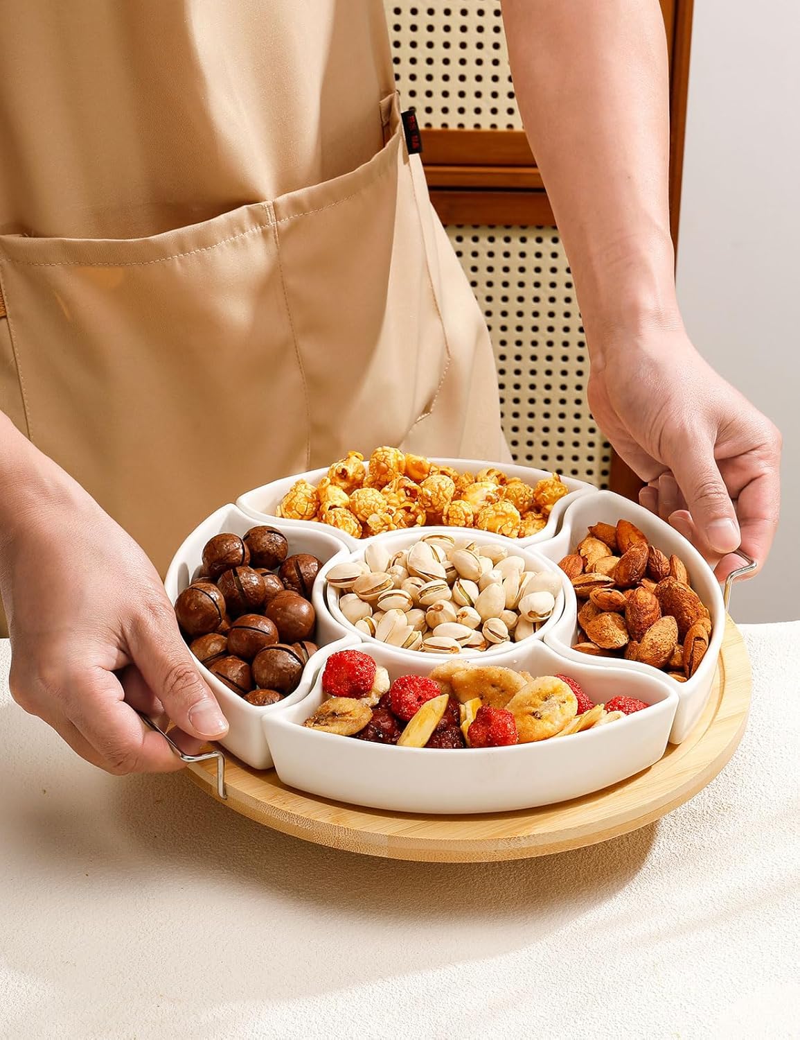 Ceramic Divided Serving Dishes with Bamboo Tray,360° Rotatable Serving Bowls with Handles for Party,5 Removable Relish Tray,11.2 Inch Appetizer Serving Dish for Chips & Dip, Veggies, Candy & Snacks