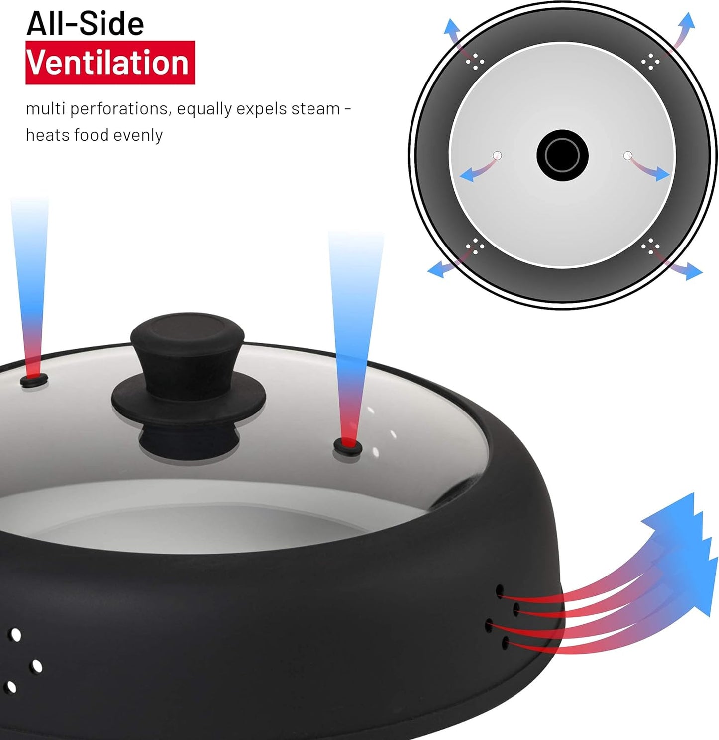 Bezrat Vented Glass Microwave Plate Cover | Large 12-inch Splatter Guard Lid | Firm Grip Silicone handle | 100% Food Grade | Dishwasher Safe (Black)