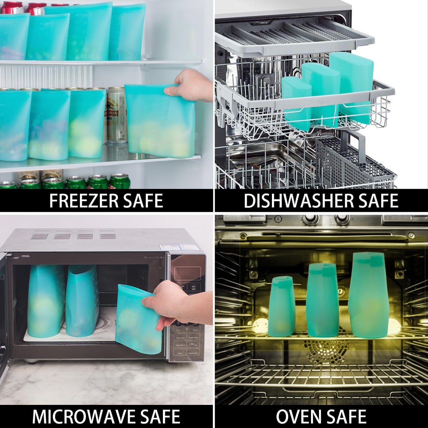 Reusable Food Bags, 12 Pack 100% Silicone Food Storage Bags Stand Up Zip Lock Container, Freezer Microwave Oven Dishwasher Safe, 4 Medium 4 Small 4 Extra Small, Aqua