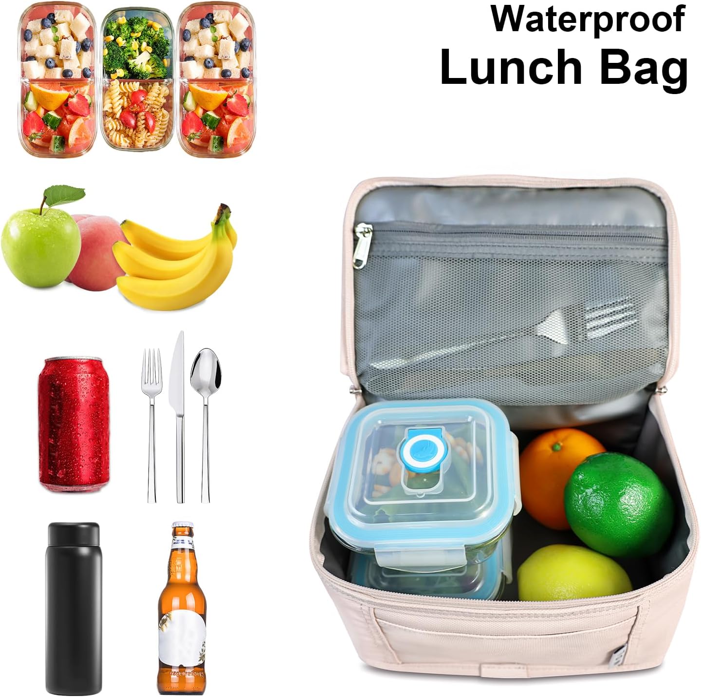 NOL Natural Organic Lifestyle Small Lunch Bag Mini Lunch Box Insulated Lunch Bag for Men/Women Leakproof Cooler Tote Bag Lightweight Nylon Waterproof Lunch Box For Work, Cream