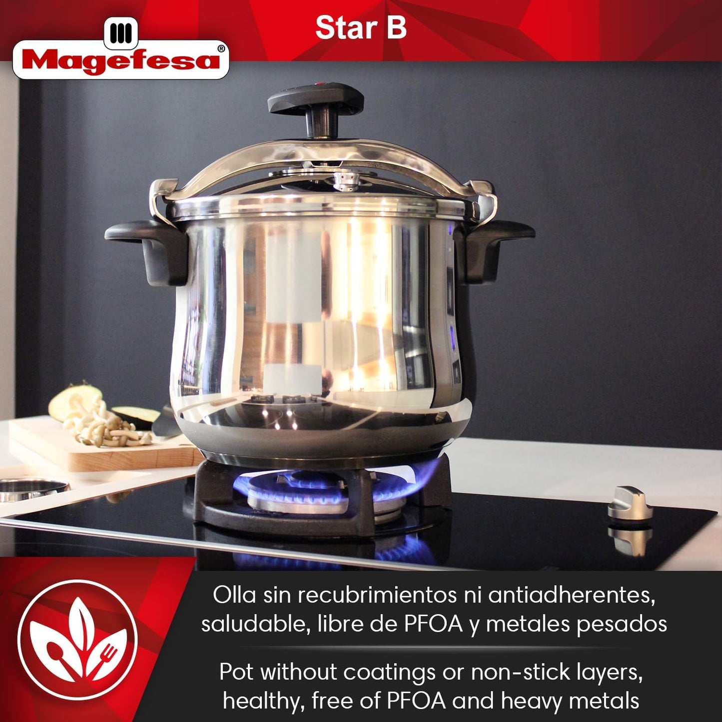 MAGEFESA Star Belly Pressure Cooker 6.3 Qt – 18/10 Stainless Steel, Rounded Bottom, 3 Safety Systems, Works on All Stovetops Including Induction, 8 PSI
