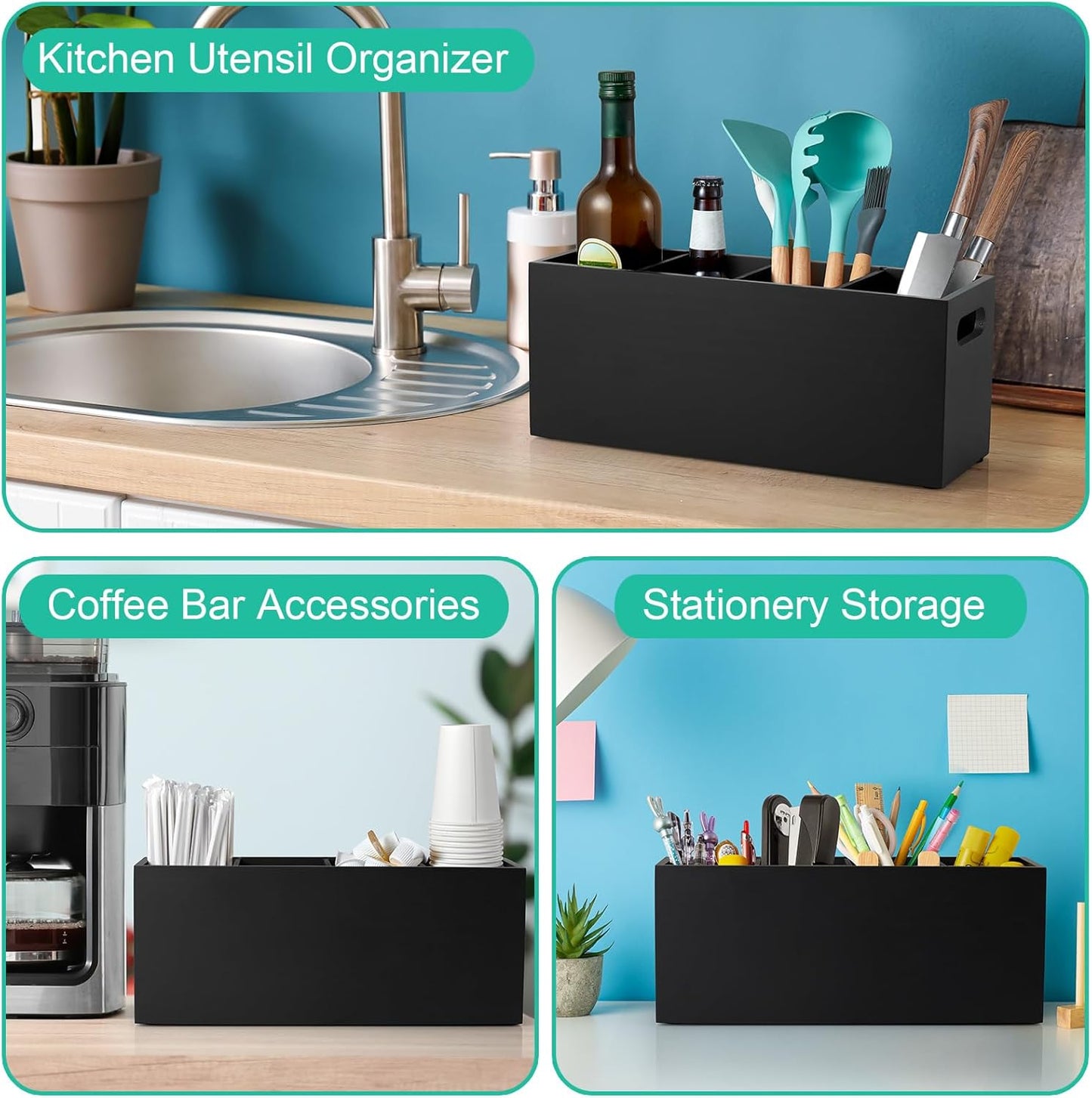 ALELION Large Utensil Holder with Removable Divider - 4 Compartment Wooden Utensil Caddy Organizer for Kitchen Counter - Black Cooking Utensil Crock for Countertop