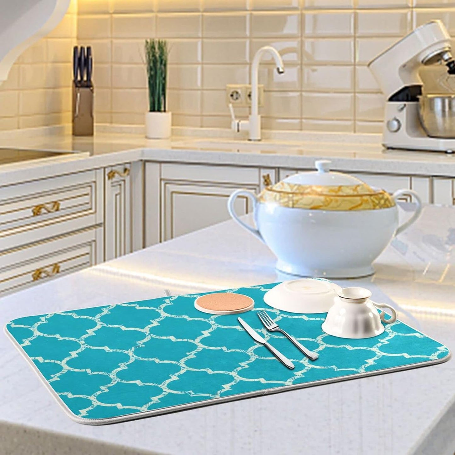 senya Super Absorbent Dish Drying Mat, Microfiber Fast-Drying Dish Mat, 16'' x 18'', Kitchen Dish Drying Pad, Beautiful Grunge White Morrocan Trellis,16x18in