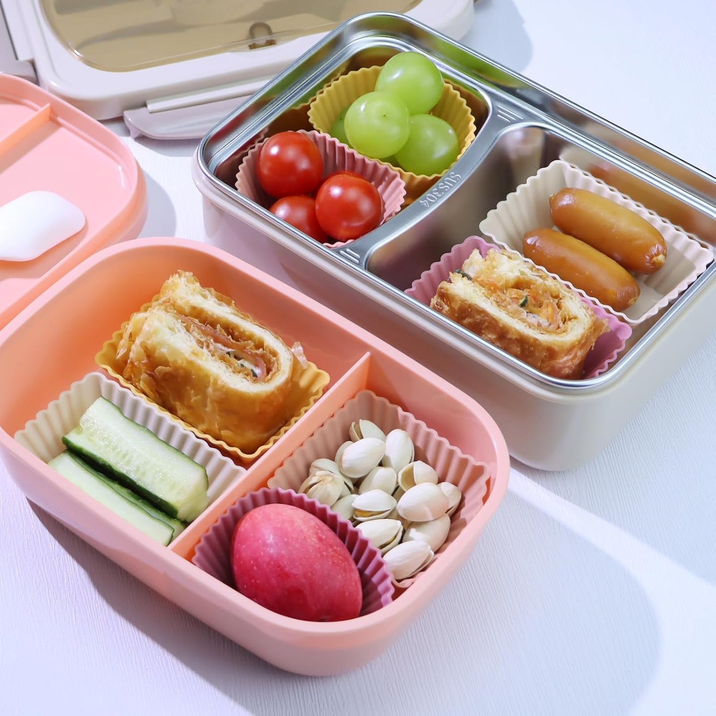 24Pack Silicone Muffin Cups, Reusable Cupcake Liners Molds for Baking, 3 Shapes Lunch Box Bento Dividers-Round, Square, and Rectangular (Orange Series, Regular Size)