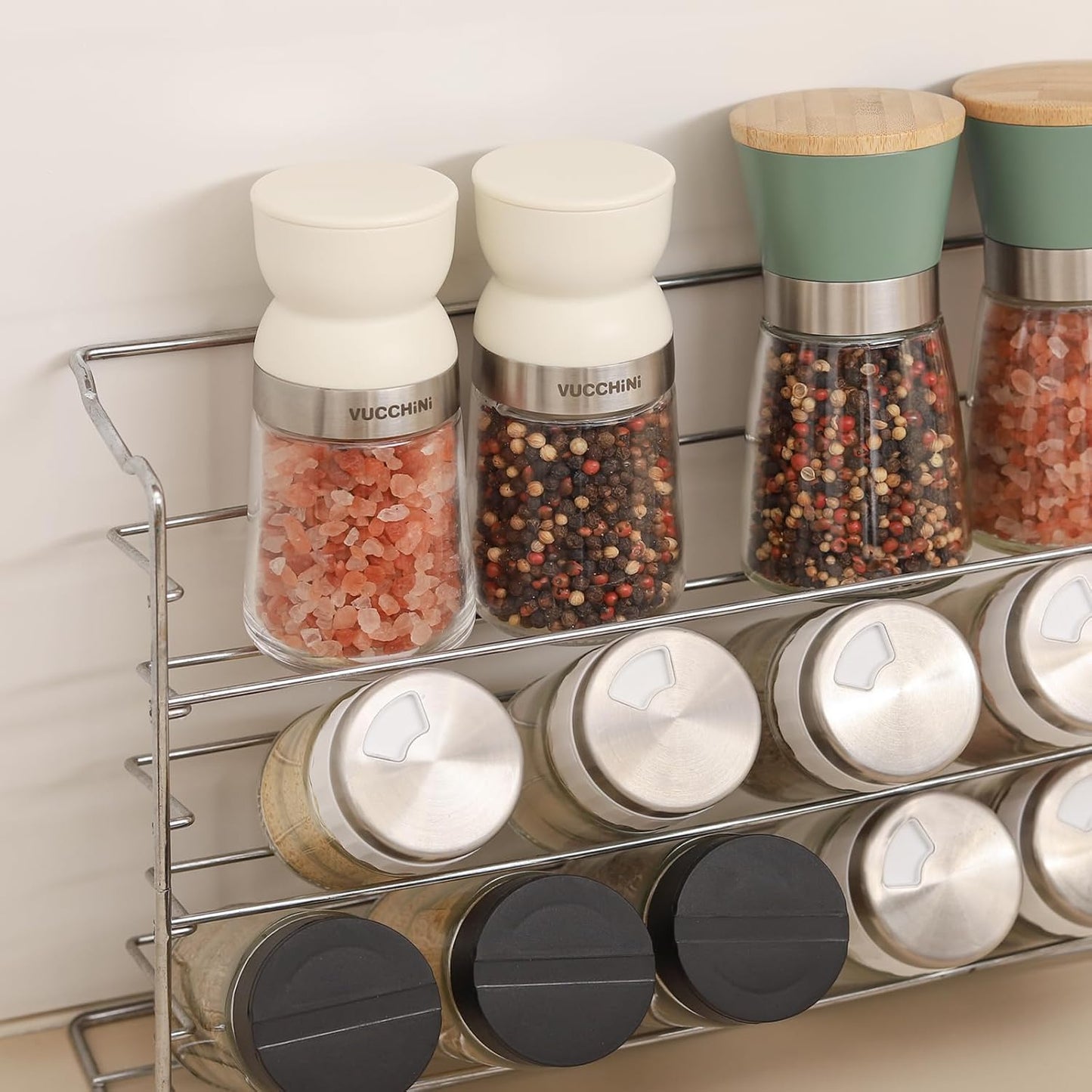 Vucchini Salt and Pepper Grinder Set with Adjustable Coarseness Ceramic Pepper Mill Manual Effortless Salt Grinder Spice Grinder for Home, Kitchen, Beige