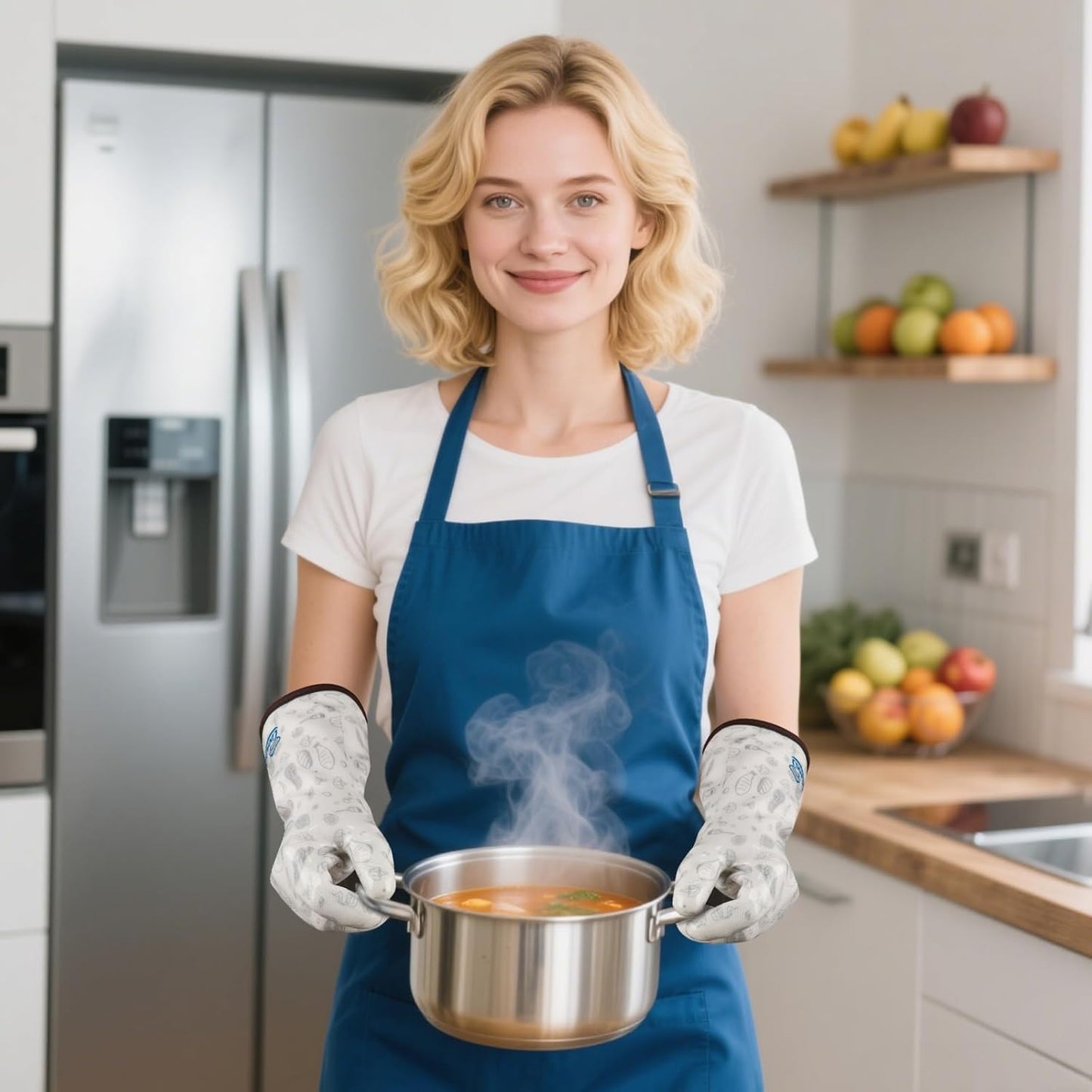 Oven Gloves with Fingers Heat Resistant Waterproof Long Sleeve for Cooking Grilling Baking Barbecue in Kitchen for Men & Women White Medium