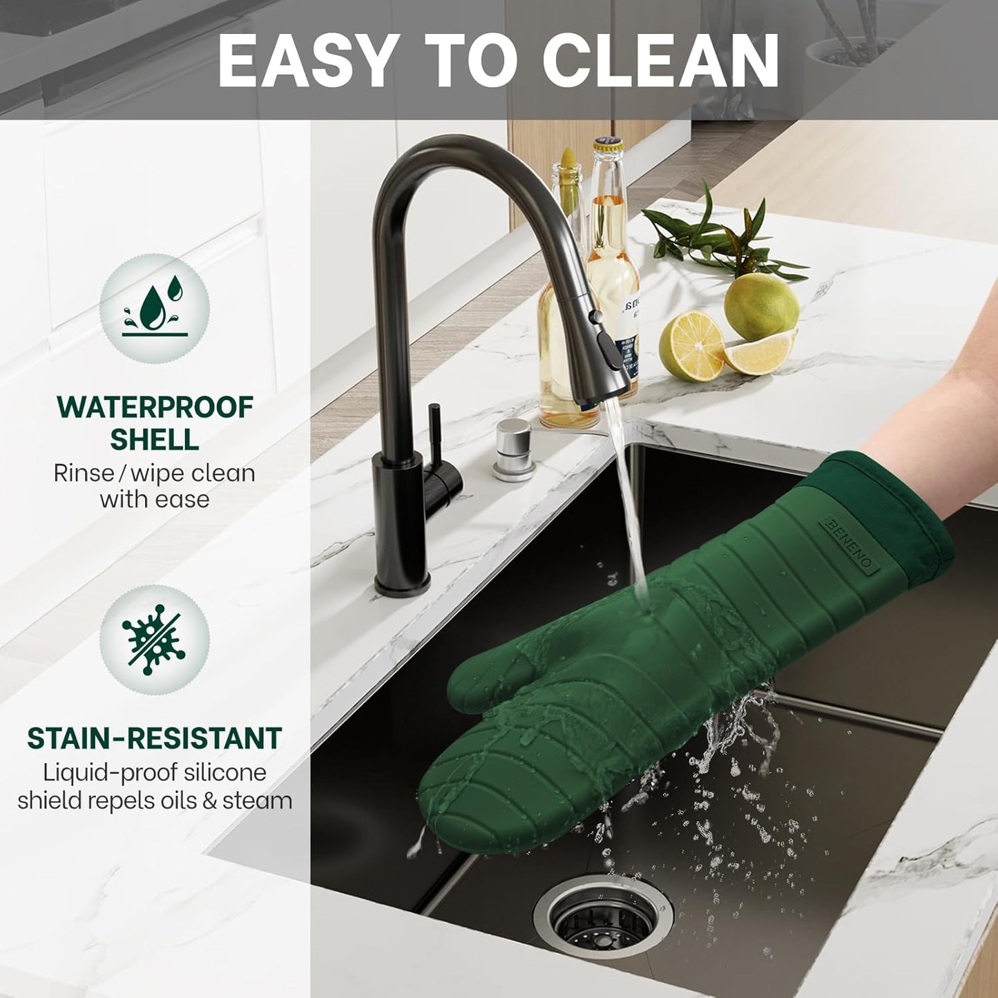 Beneno BPA-Free Silicone Oven Mitts, Heat Resistant Waterproof Oven Mitts with Non-Slip Textured Grip, Comfortable Quilted Lining, Kitchen Pot Holders for Cooking, Baking, Grilling, 7"x13", 2Pcs Green