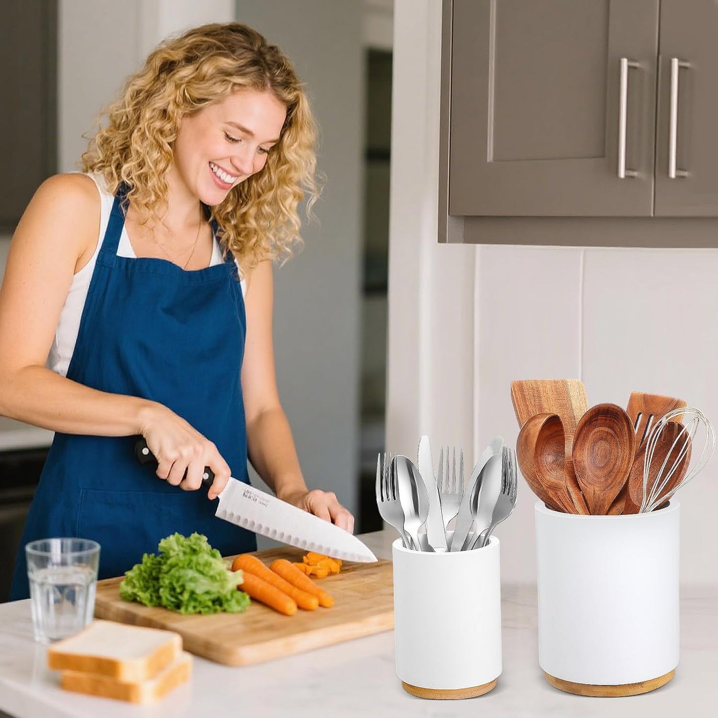 2 Pack Wooden Utensil Holder, 360°Rotating Kitchen Cooking Utensil Crock, Spoon Spatula Holder for Kitchen Counter, Farmhouse Countertop Organizer(White,Round)