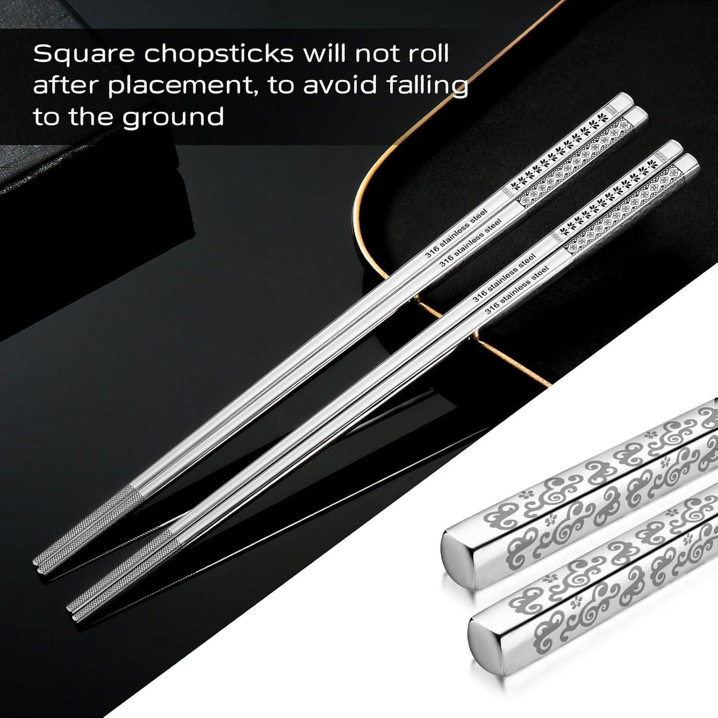 8 Pairs Metal Chopsticks Reusable 18/10 Stainless Steel Chopsticks Set Cute Laser Engraved Non-slip Japanese Korean Chinese Chopstick for Cooking Eating Dishwasher Safe 9.25" Chop Sticks Gift Set