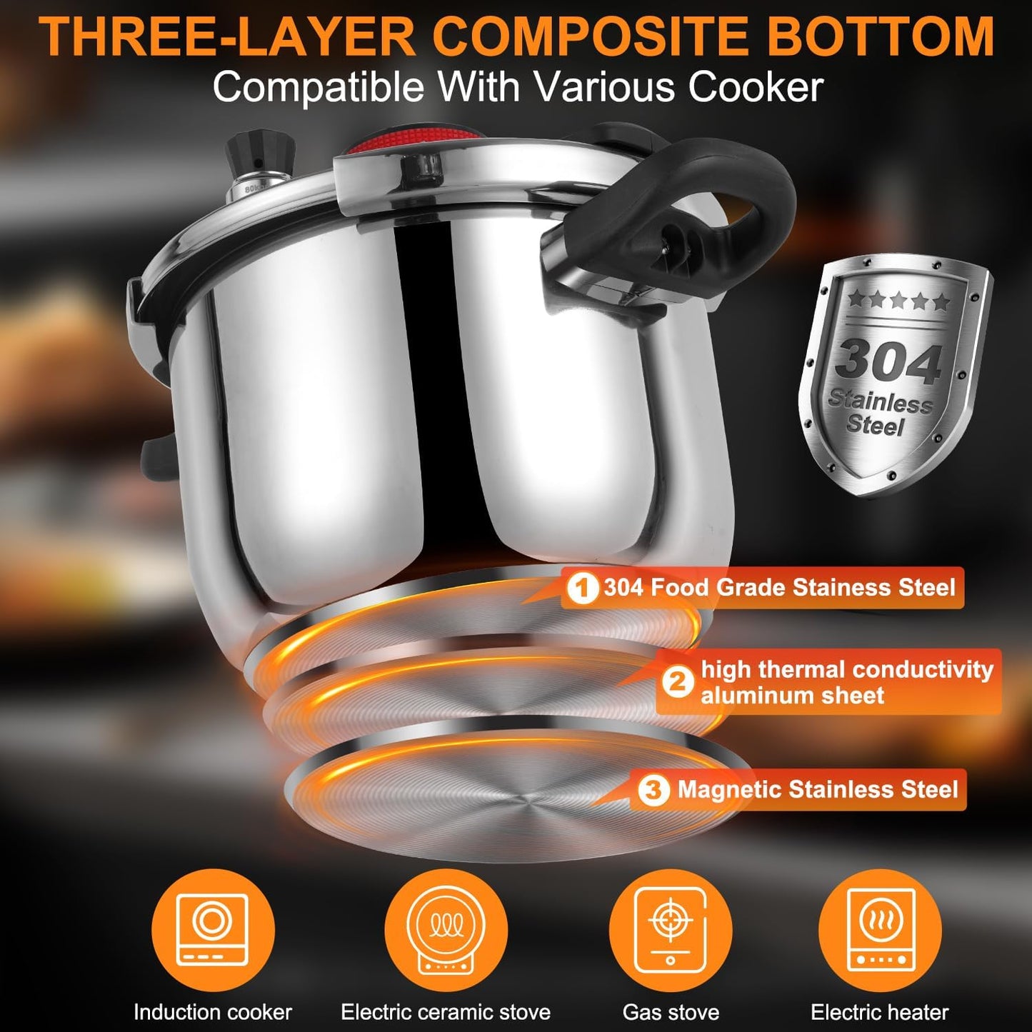 Pressure Cooker 10 QT, Stainess Steel Pressure Canner 10 Quart, Explosion-Proof Cookware, Rotating Lock/Unlock Lid, One-handed lid opening, Thickened Silicone Ring And Anti-scald Handle, Silver