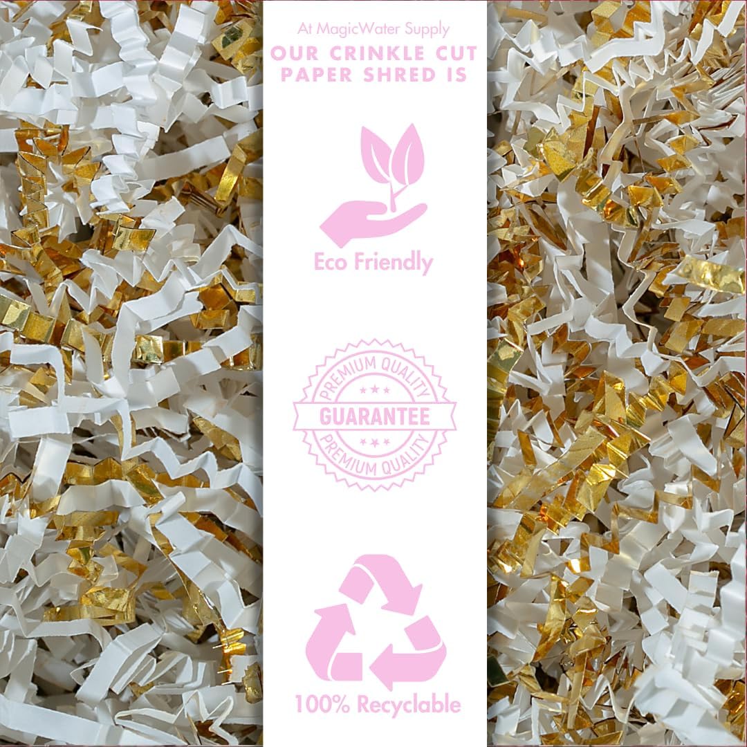 MagicWater Crinkle Cut Paper for Gift Baskets - 2LB - White & Gold - Perfect for Shredded Paper Filler, Basket Filler, Gift Boxes, Bridesmaid Gifts, Halloween Stuffers & More – Ideal for All Occasions