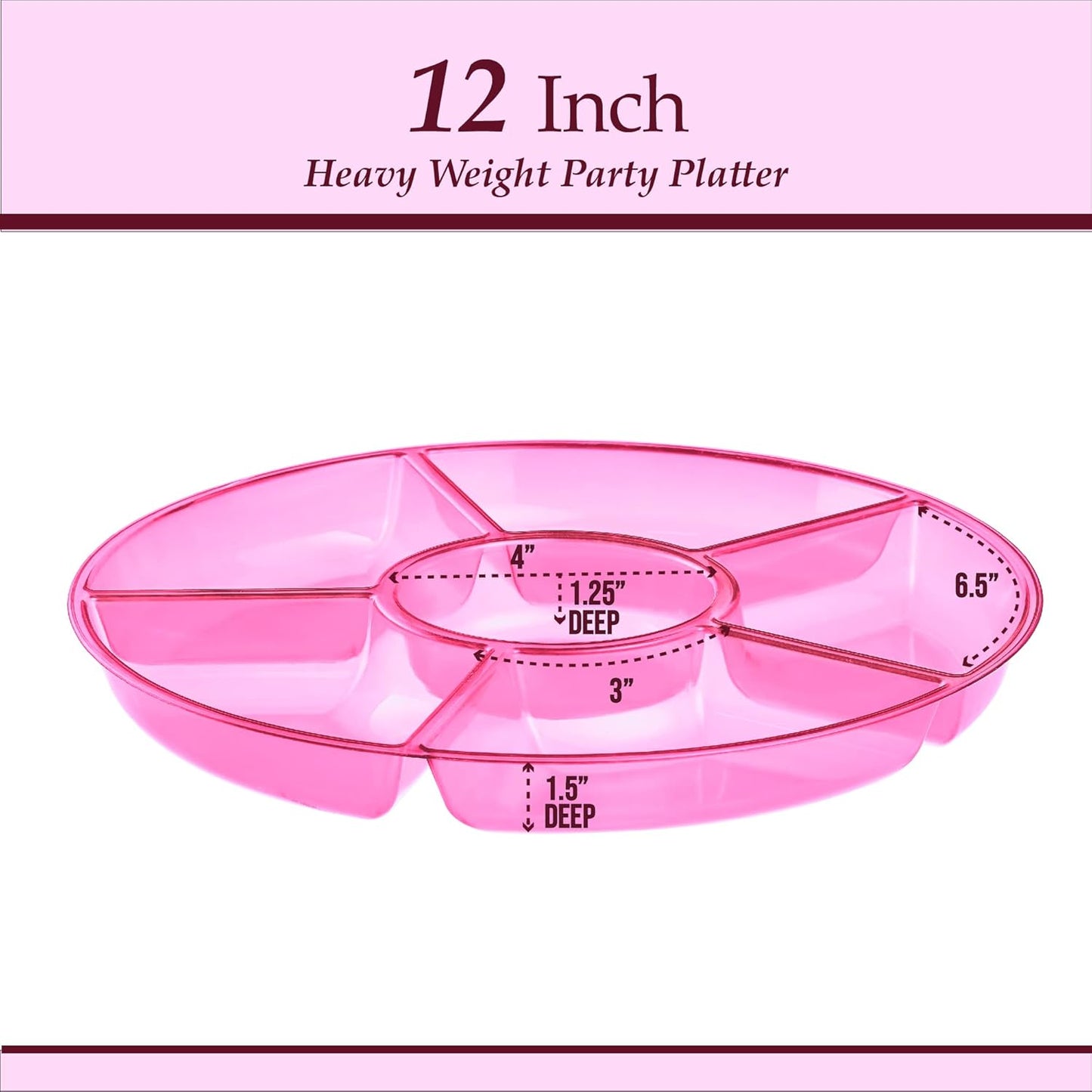 Plasticpro 6 Sectional Round Plastic Serving Tray/Platters Pink Pack of 4