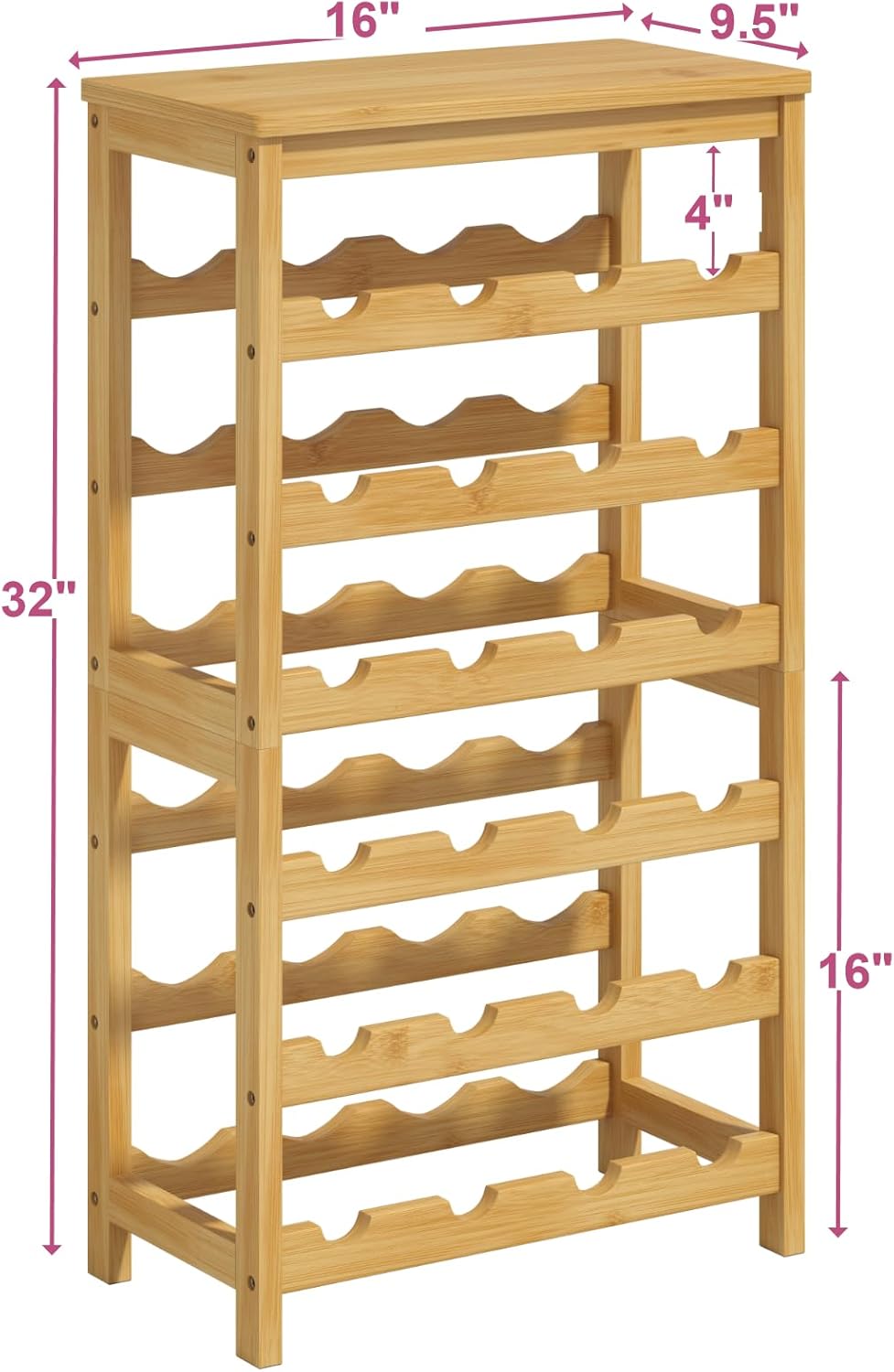 6 Tier Wine Rack Freestanding Floor, 24 Bottles Wine Storage Shelves with Table Top, Stackable Wine Display Rack for Kitchen, Bar, Dining Room, Natural Bamboo Finish