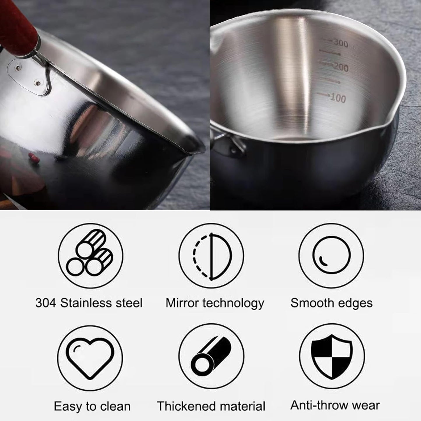 Butter Warmer Pot, Stainless Steel Milk Warmer with Wooden Handle for Seafood, Mini Butter Melting Pot Small Saucepan with Dual Pour Spouts for Stove Top Cooking (300ml)