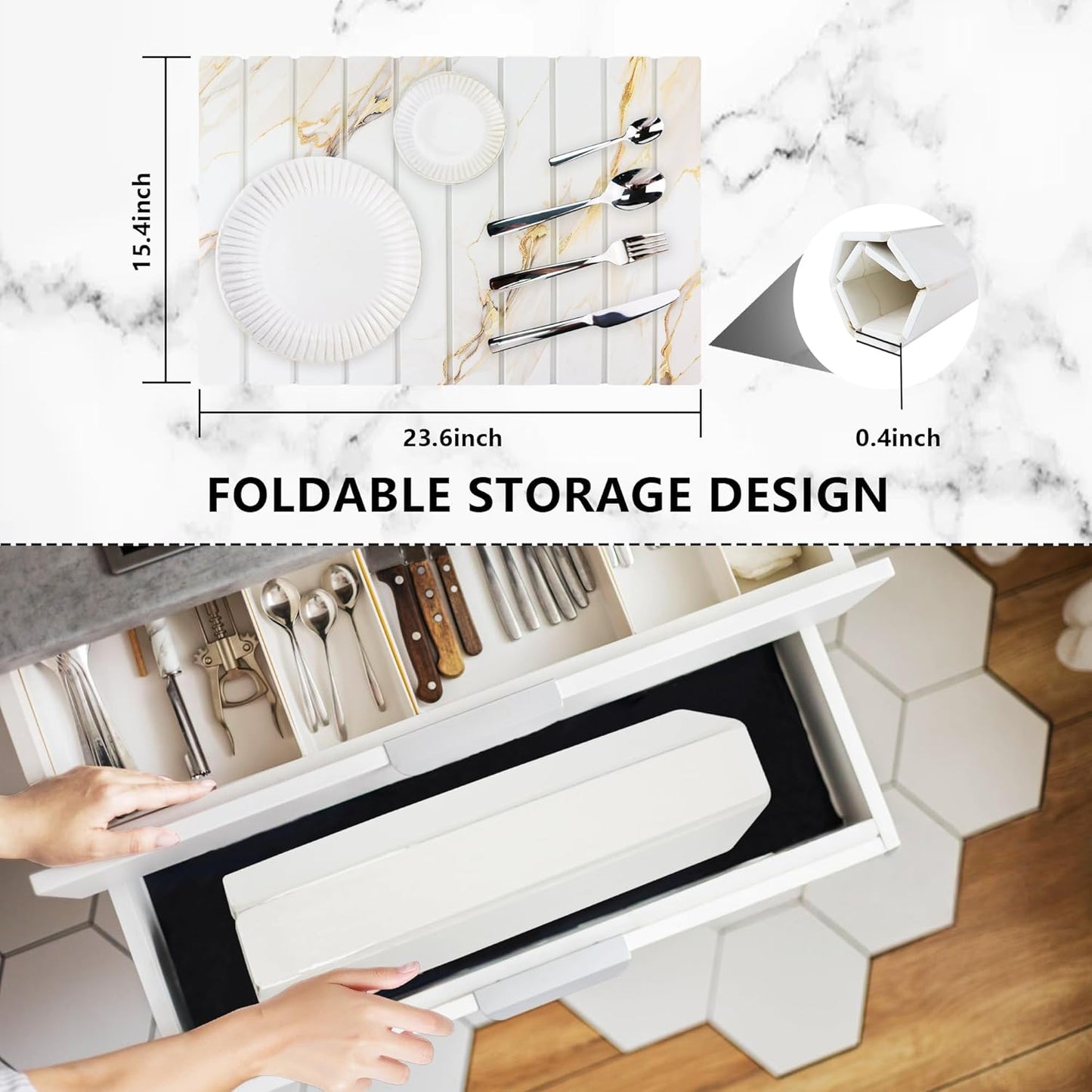 Large Stone Drying Mat for Kitchen Counter Diatomaceous Earth Collapsible 24”(L)*16”(W)Super Heat Resistant Mats, Quick Absorbent Dish Drying Rack(Gold marble)