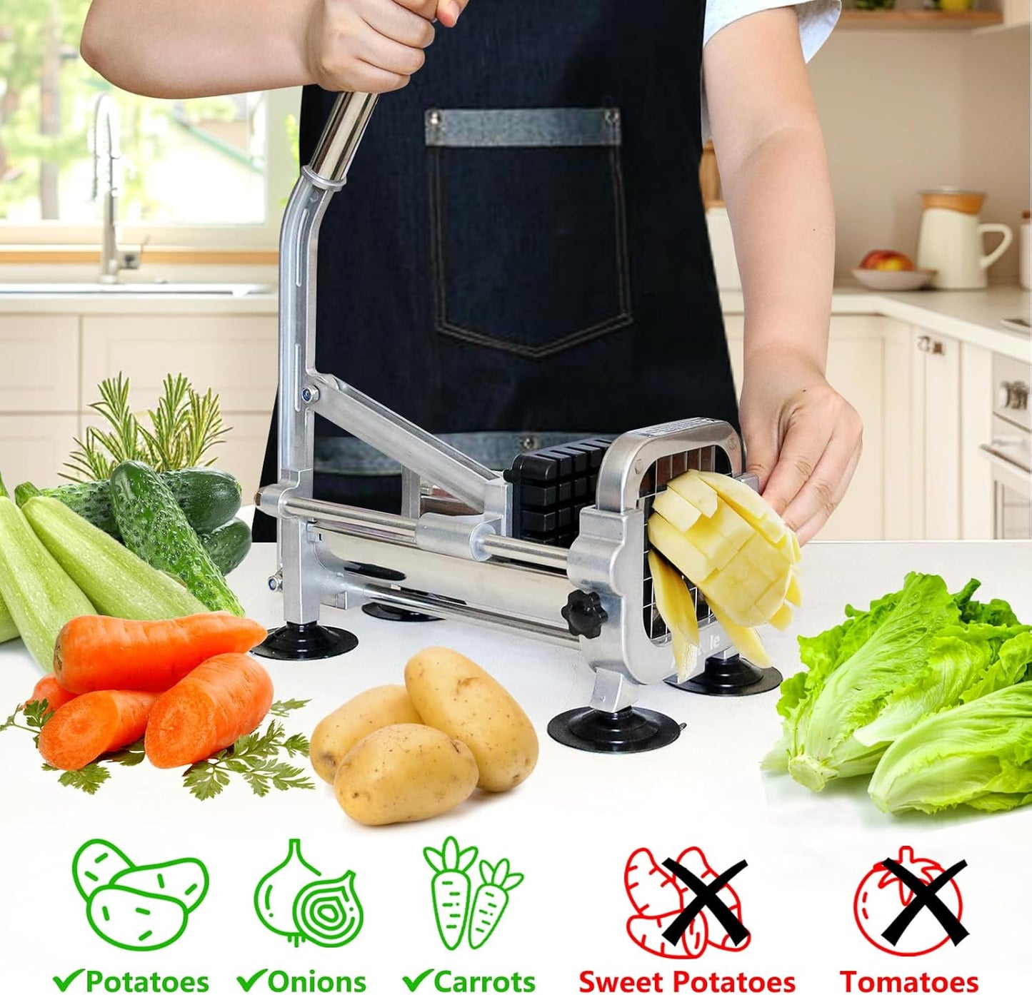 Anatole Professional French Fry Cutter Stainless Steel with 1/2'' Blade Manual Potato Slicer Veggie Chopper Homestyle Dicer for Onions Carrots Cucumbers