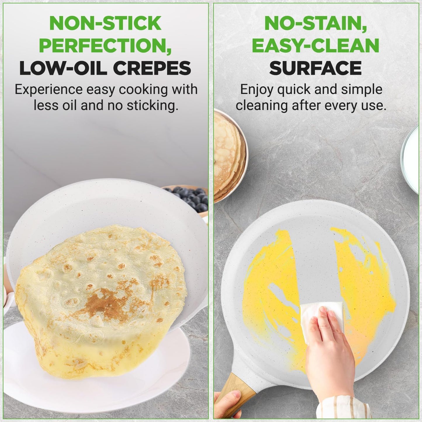 Nutrichef 2-Pack Non-Stick Crepe Pan Set, 9.4" Marble Coated Dosa Pans with Wooden Spreaders, Bakelite and Wood Handles, Induction-Compatible, Dishwasher Safe, Even Heat Distribution, White Cream