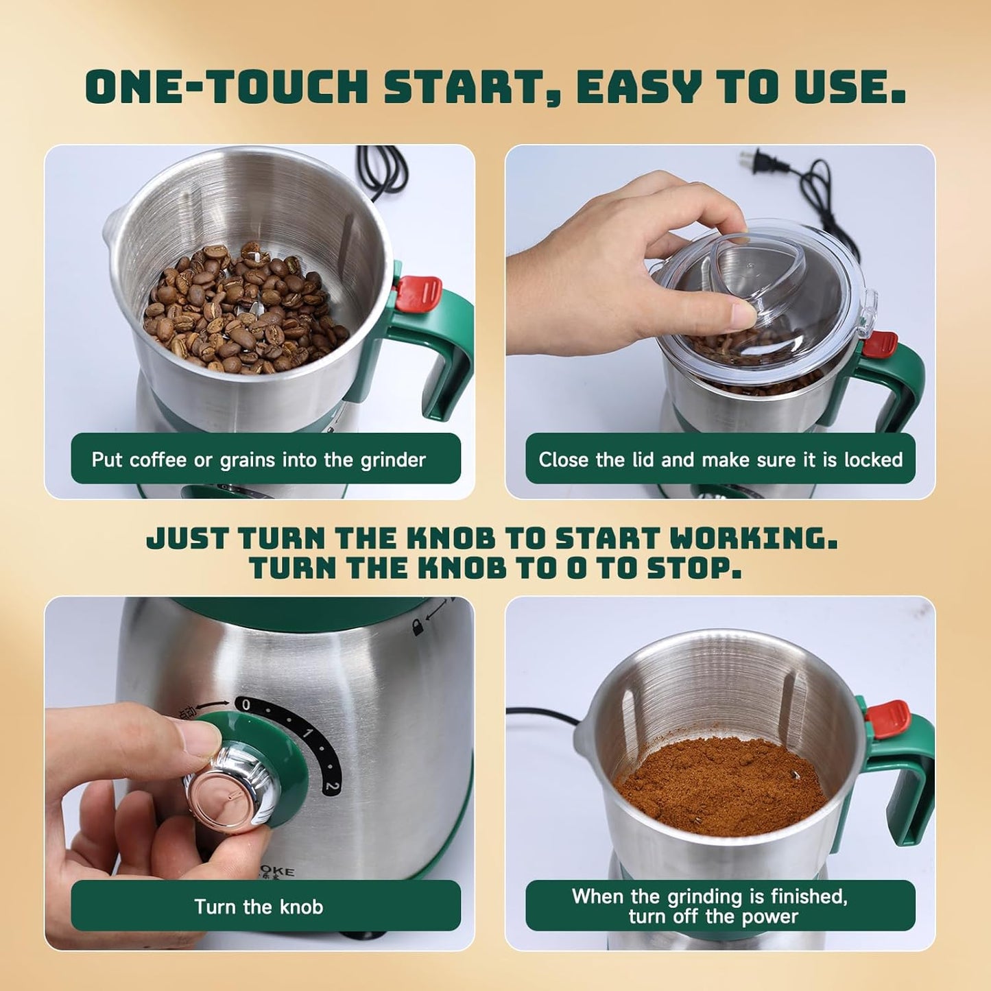 Electric Spice and Nut Grinders - 3 Stainless Steel Blades, 1 Filter, 1 Brush - 500W Grinder for Kitchen Dry Use (Green)