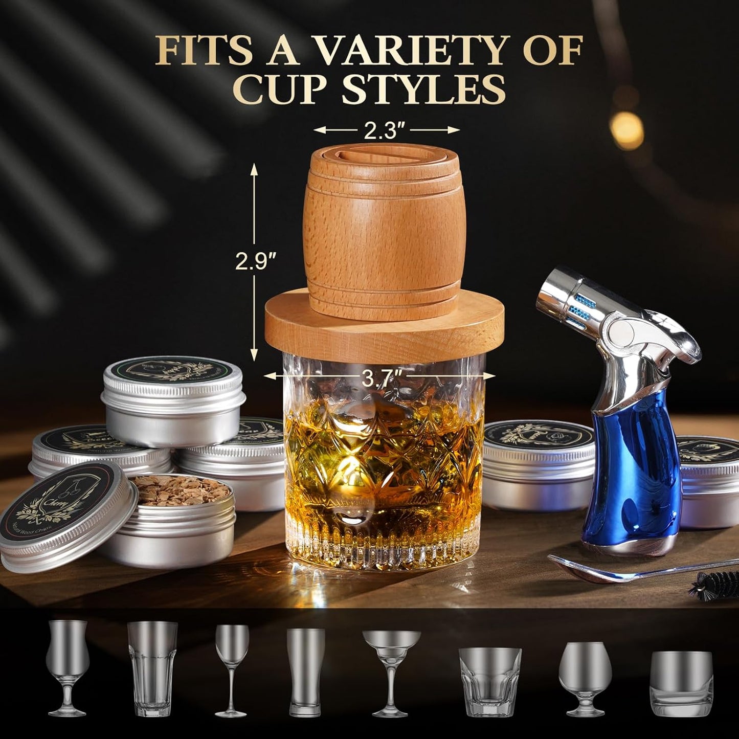 Whiskey Smoker Kit with Torch - Old Fashioned Cocktail Smoker Kit with 6 Flavors Wood Chips | Bourbon Drink Smoke Set with 2 XL Stainless Steel Ice Balls & 2 Glasses for Men, Dad(No Fuel Included)