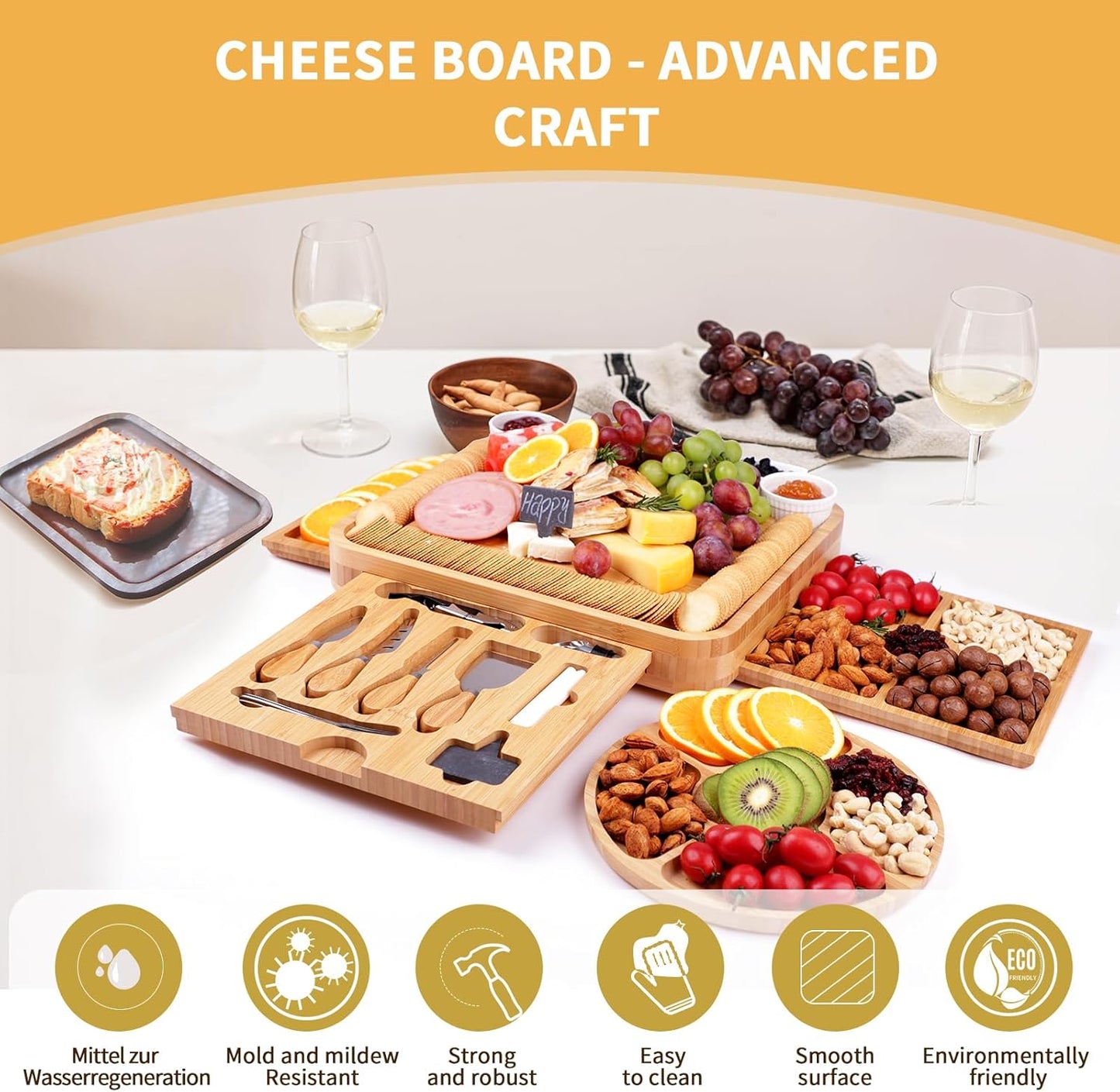 Charcuterie Board Gift Set, Bamboo Cheese Board Gift Set with 20 Accessories, Large Charcuterie Boards Set for House Warming, Wedding, Bridal Shower