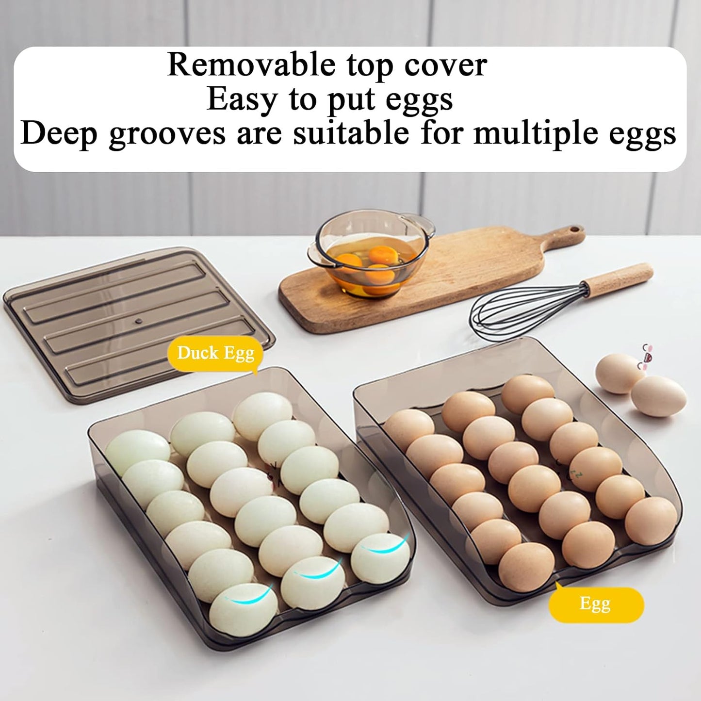 Egg Holder for Refrigerator Auto Scrolling Organizer Plastic Stackable Storage Container Reusable Clear Tray Box Basket Bin Lid Drawer Carrier Keeper(1 Layer)
