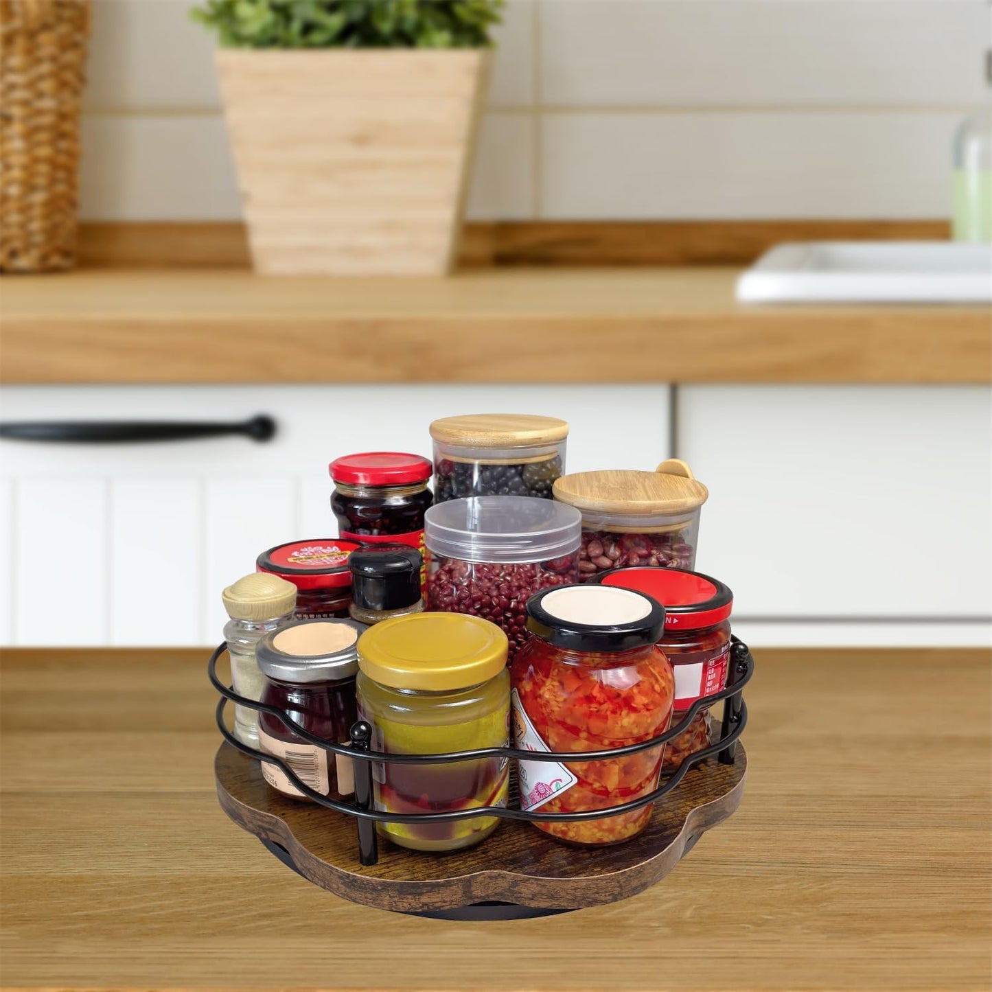 12" Lazy Susan Turntable Organizer with Higher Metal Sides, Wooden Lazy Susan Spice Rack Organization and Storage for Cabinet,Kitchen,Countertop,Table Top,Dining Table,Coffee Bar Decor