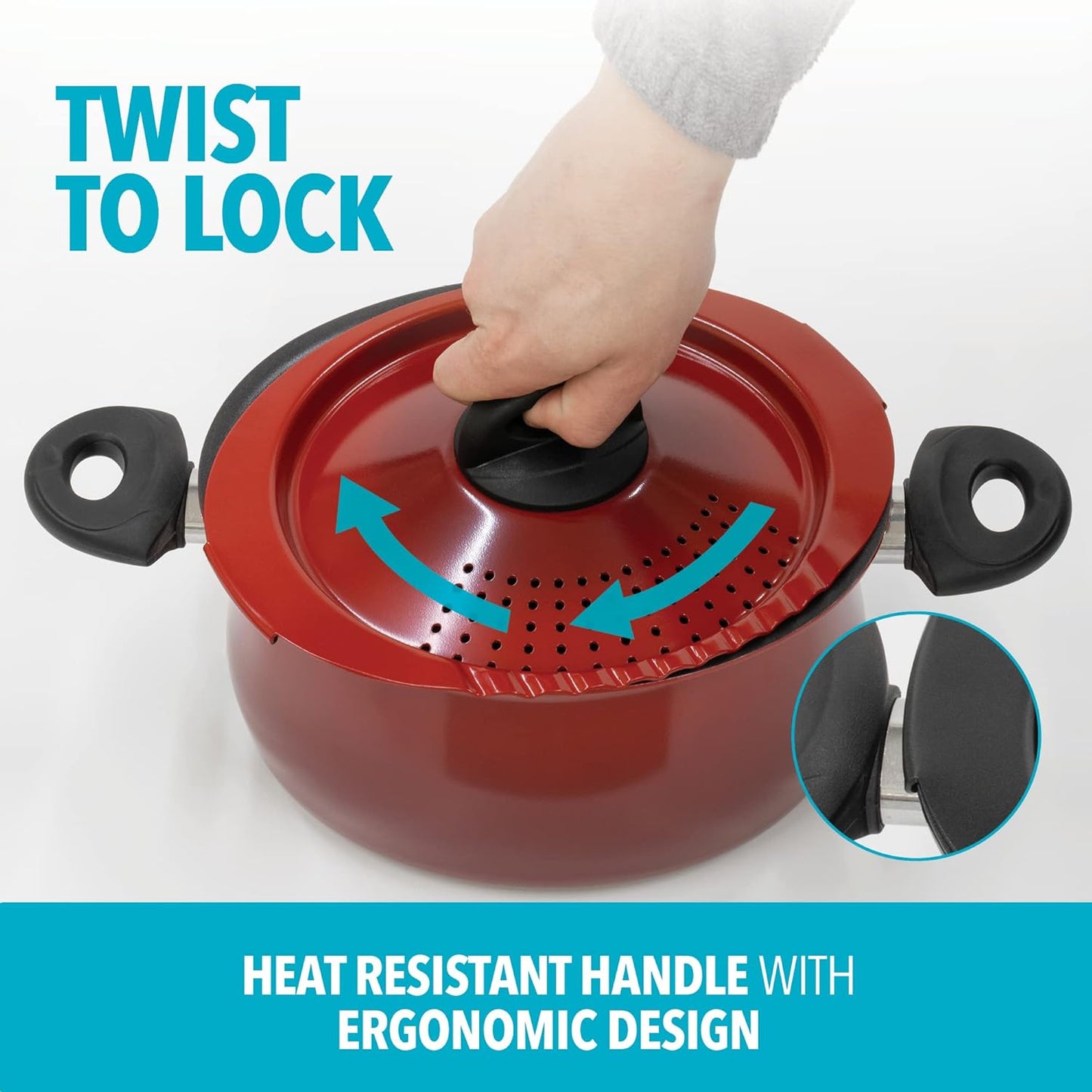 Bialetti 5.5 Quart Pasta Pot with Strainer Lid, Red – Elongated Oval Pot for Longer Spaghetti, Lasagna, Penne & Farfalle Noodles, Heat Resistant Handles & Nonstick Interior, Large Pot for Cooking