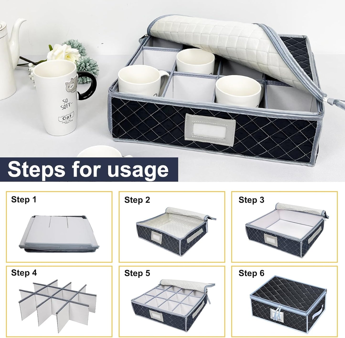 Wine Glass and Mug Storage Box with Dividers - 2 Pack China Storage Containers Set Holds 24 Glassware , Stemware,Coffee Mug and Tea Cup, Organizer Bin with Sturdy Metal Zipper,Label and Handles (Grey)