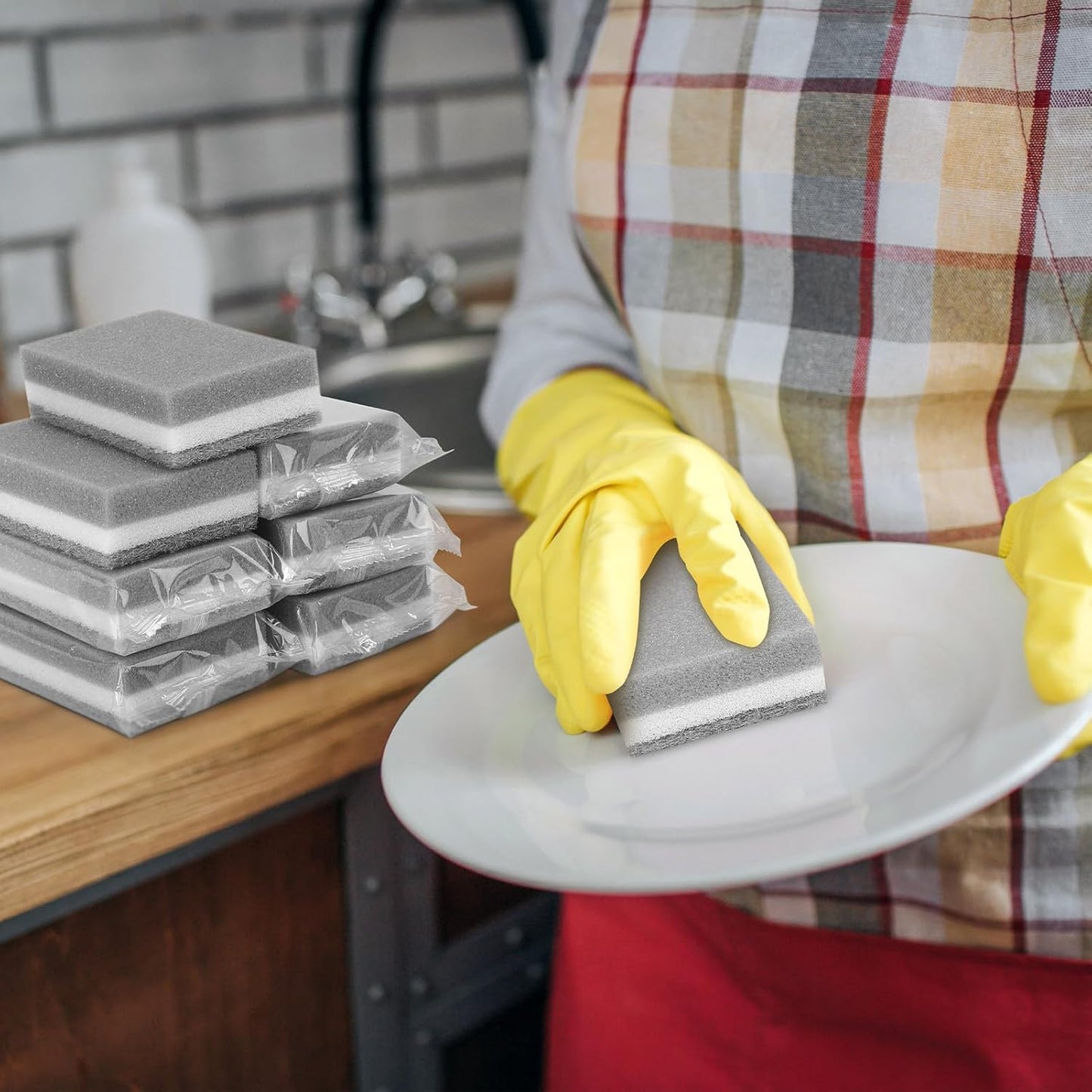 90 Pack Individually Wrapped Sponges Uncompressed Kitchen Dishwashing Non Scratch Scrouing Sponge Bulk for Hotel Car Airbnb Apartments,Gray