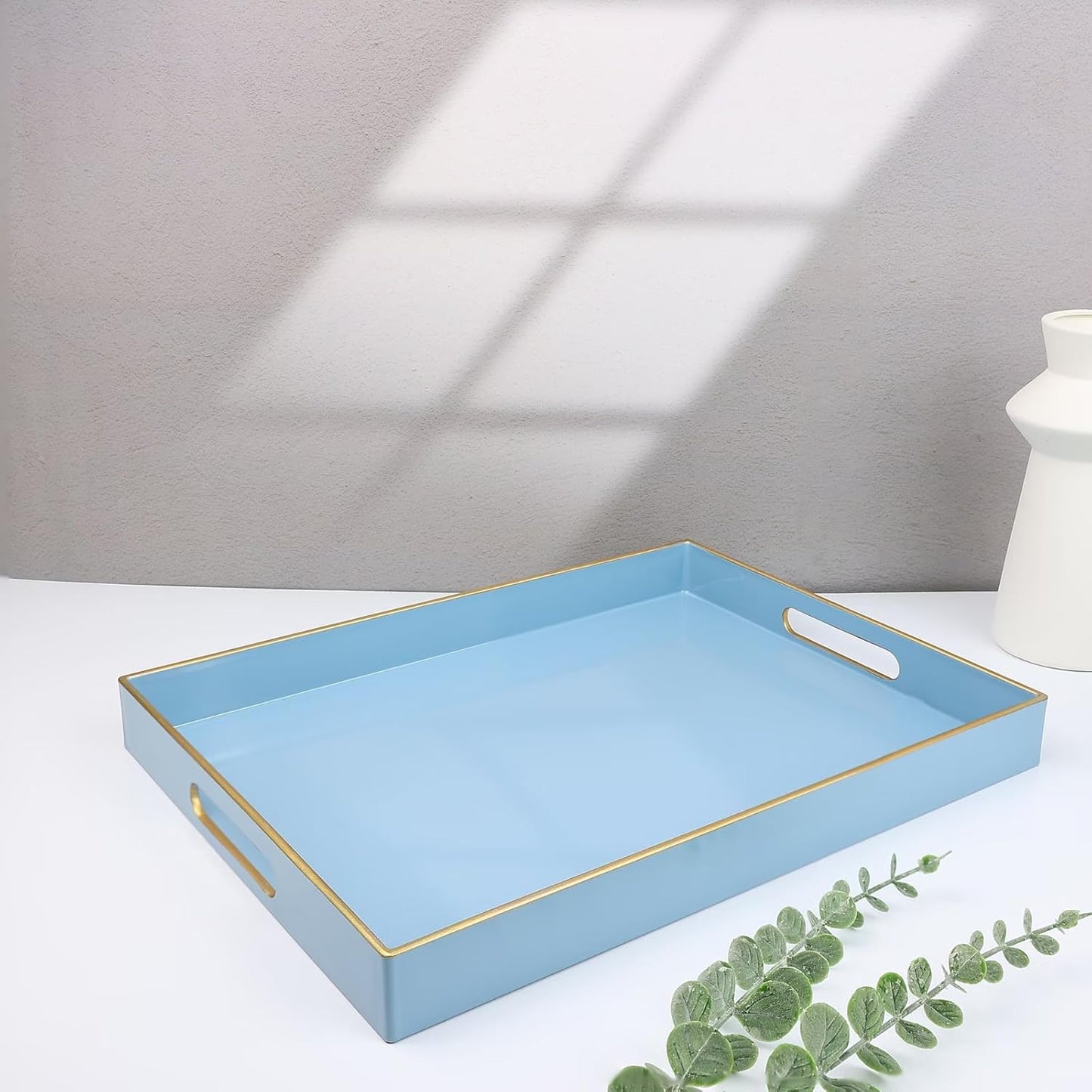 Spsyrine Blue Plastic Serving Tray for Ottoman, Coffee Table, Rectangle Decorative Tray for Entertaining, Outdoor, Living Room, Home Decor