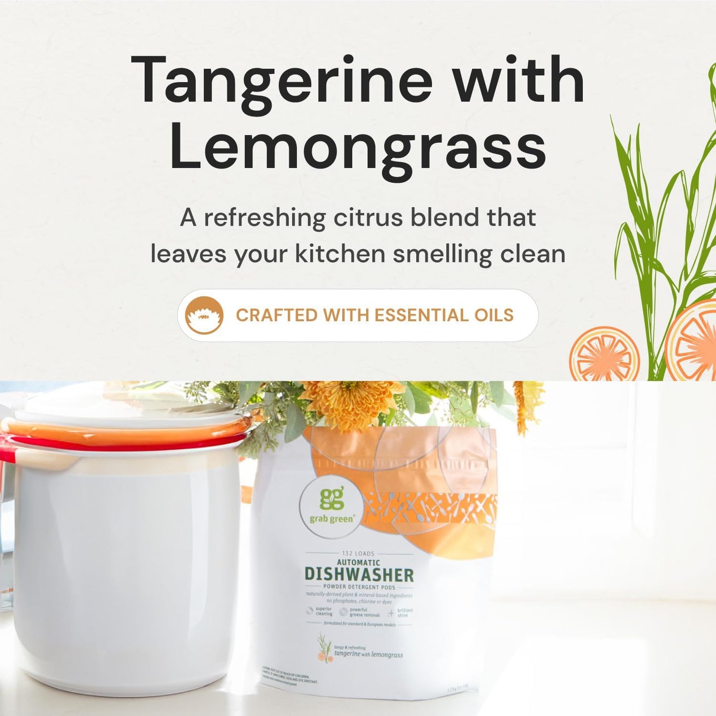 Grab Green Automatic Dishwashing Detergent Pods, 24 Count, Tangerine Lemongrass Scent, Plant and Mineral Based, Superior Cleaning, Powerful Grease Removal, Brilliant Shine