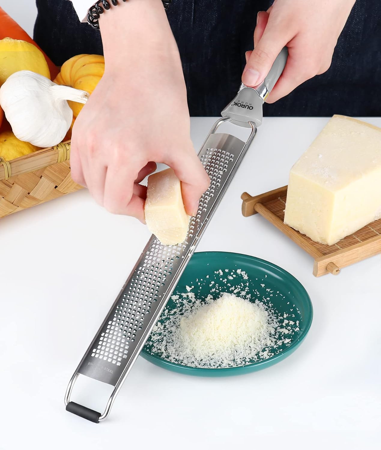 Ourokhome Kitchen Lemon Zester, Stainless Steel Hand Held Parmesan Cheese Grater for Ginger, Chocolate, Coconut, Lime, Nutmeg, Citrus, Fruit, Vegetable with Cleaning Brush, Dishwasher safe, Gray