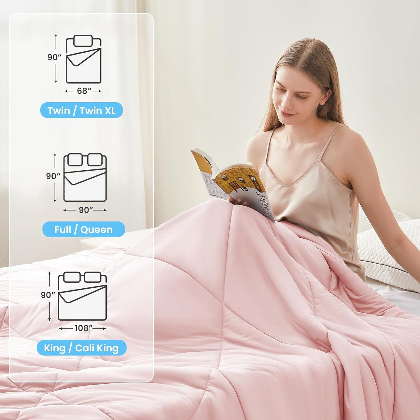 HYLEORY Cooling Comforter Queen Size - Summer Cooling Blanket for Hot Sleepers/Night Sweats, Double-Sided Cold Touch Silky Ice Comforters, Breathable Lightweight Beddings, Cool Pink, 90"x90"