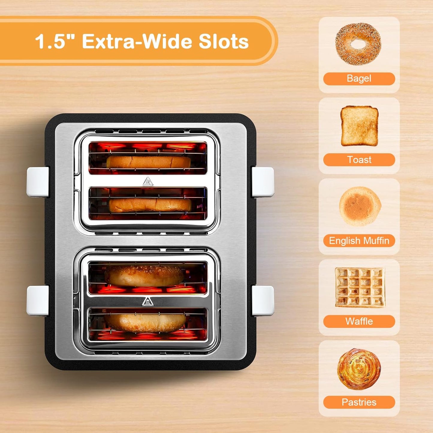 Mecity 4 Slot Stainless Steel Toaster - 4 Slice With Warming Rack, Cool to Touch, Bagel/Defrost/Reheat Functions, Removable Tray, 6 Browning Settings, Extra Wide Slots, 1500W