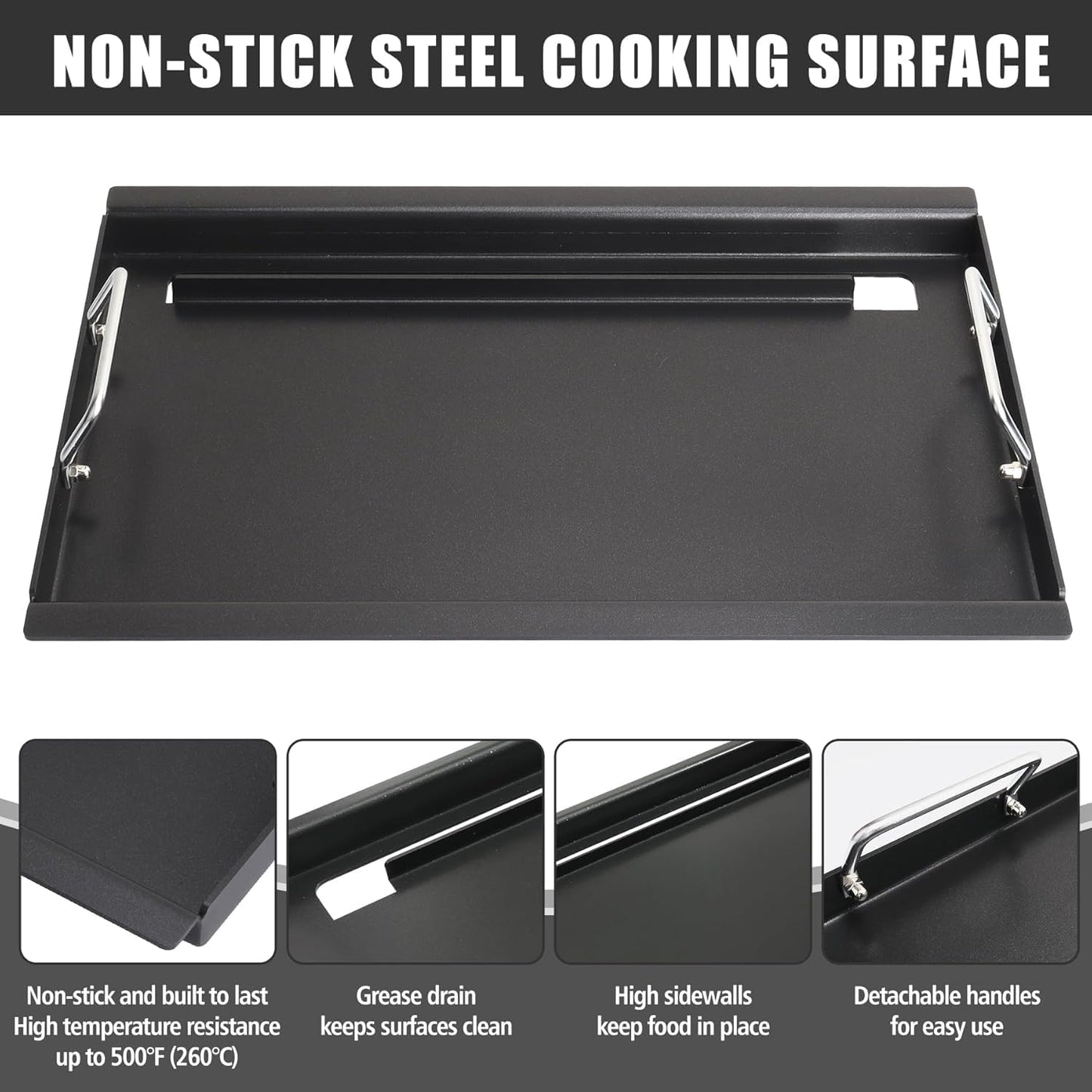 Full Size Griddle with Handles for Kitchen Aid 740-0781 720-0856, Flat Top Grill Insert Replacement for KitchenAid 730-0336D 720-0856V Nexgrill 720-0856 740-0781, Carbon Steel, Non-stick