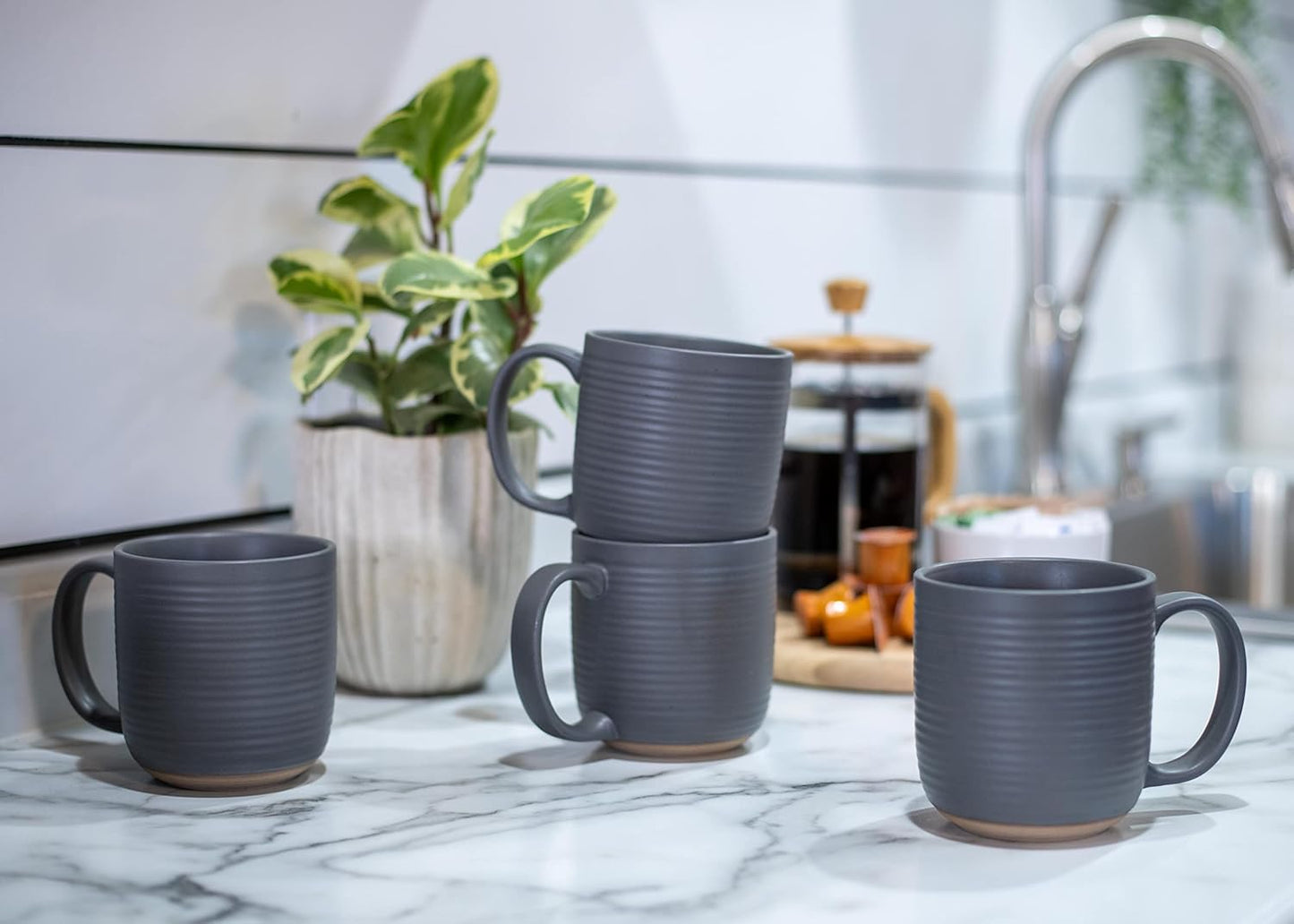 Elanze Designs Ribbed Ceramic Stoneware 16 ounce Raw Clay Bottom Coffee Mugs Set of 4, Grey